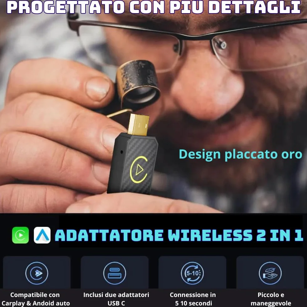 Adattatore Wireless CarPlay & Android Auto per Auto già Cablate - Trasforma il Sistema Multimediale in Wireless, Compatibile con iOS 10+ e Android 11+ USB C/A, Plug & Play, Mini, Nero