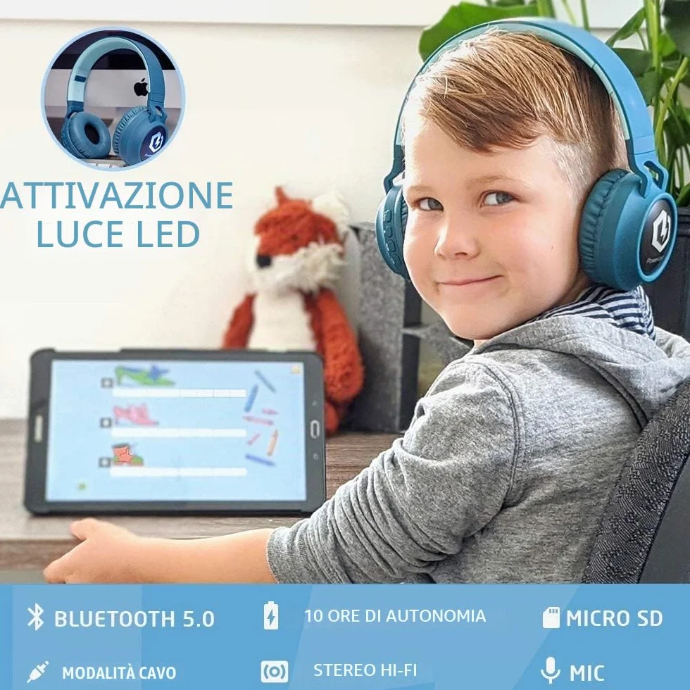 PowerLocus Cuffie Bluetooth per Bambini, Cuffie Over-Ear Senza-Fili per Bambini, Limitatore audio a 85 dB, con LED, Pieghevole, Con Microfono, Micro SD, Sacchetto da Trasporto per Viaggio/Telefono/PC