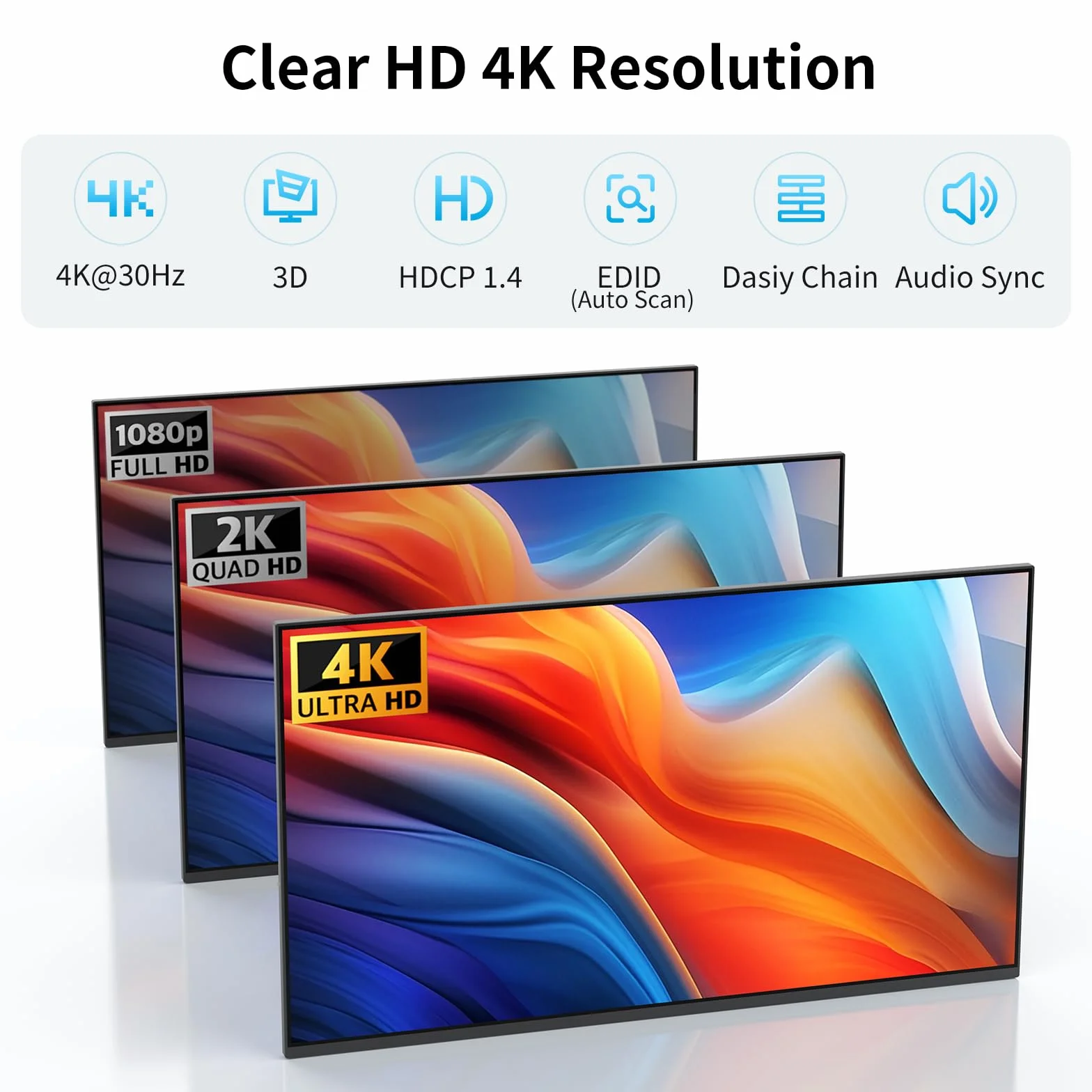 Yinker Splitter HDMI 1 in 4 Out 4K30Hz HDCP1.4 EDID HDR con Cavo 1.5m