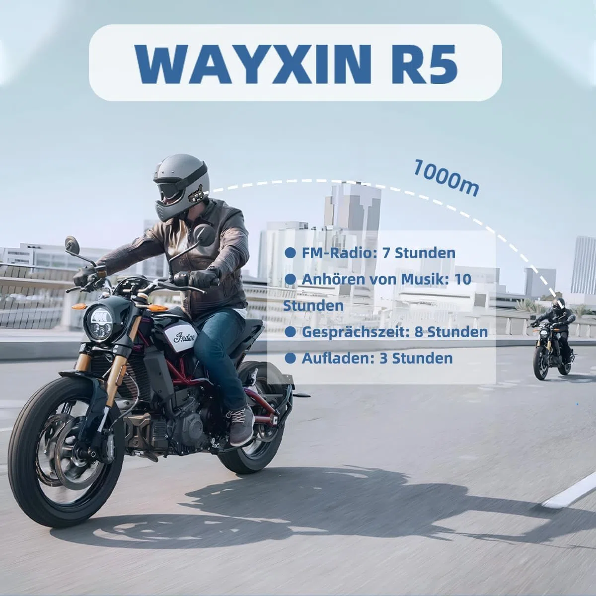 R5 1000m Interfono Moto Bluetooth Coppia Auricolare Bluetooth Casco Moto per 2 Persone,10h Conversazione Continua,Interfono Casco Moto con Radio,Funzione di Chiamata Vocale Siri,Doppio