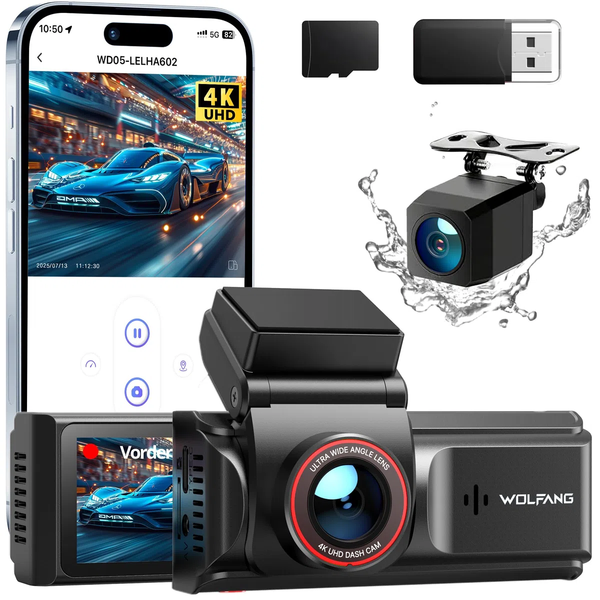 WOLFANG Dash Cam Auto 4K, Doppia Telecamera WiFi per Auto, Schermo da 3", Super Dashcam con Visione Notturna, Monitor di Parcheggio, Sensore G, 170° Grandangolo, WDR, Scheda SD 32G