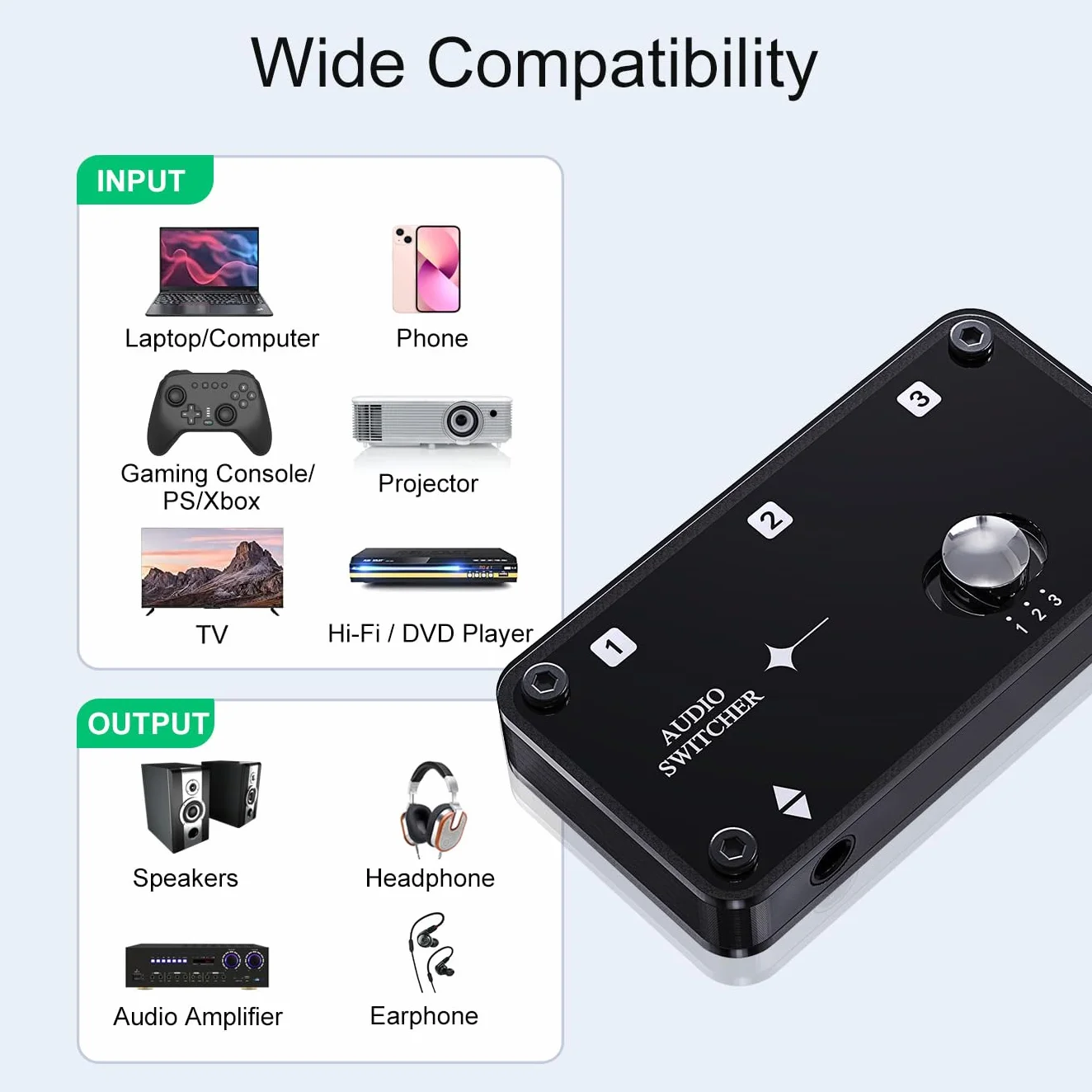 COOIDEA Commutatore audio stereo da 3,5 mm, supporta 1 ingresso 3 o 3 uscite in 1 con cavo audio, selettore di altoparlanti AUX a 3 porte per PC, telefono, laptop, cuffie