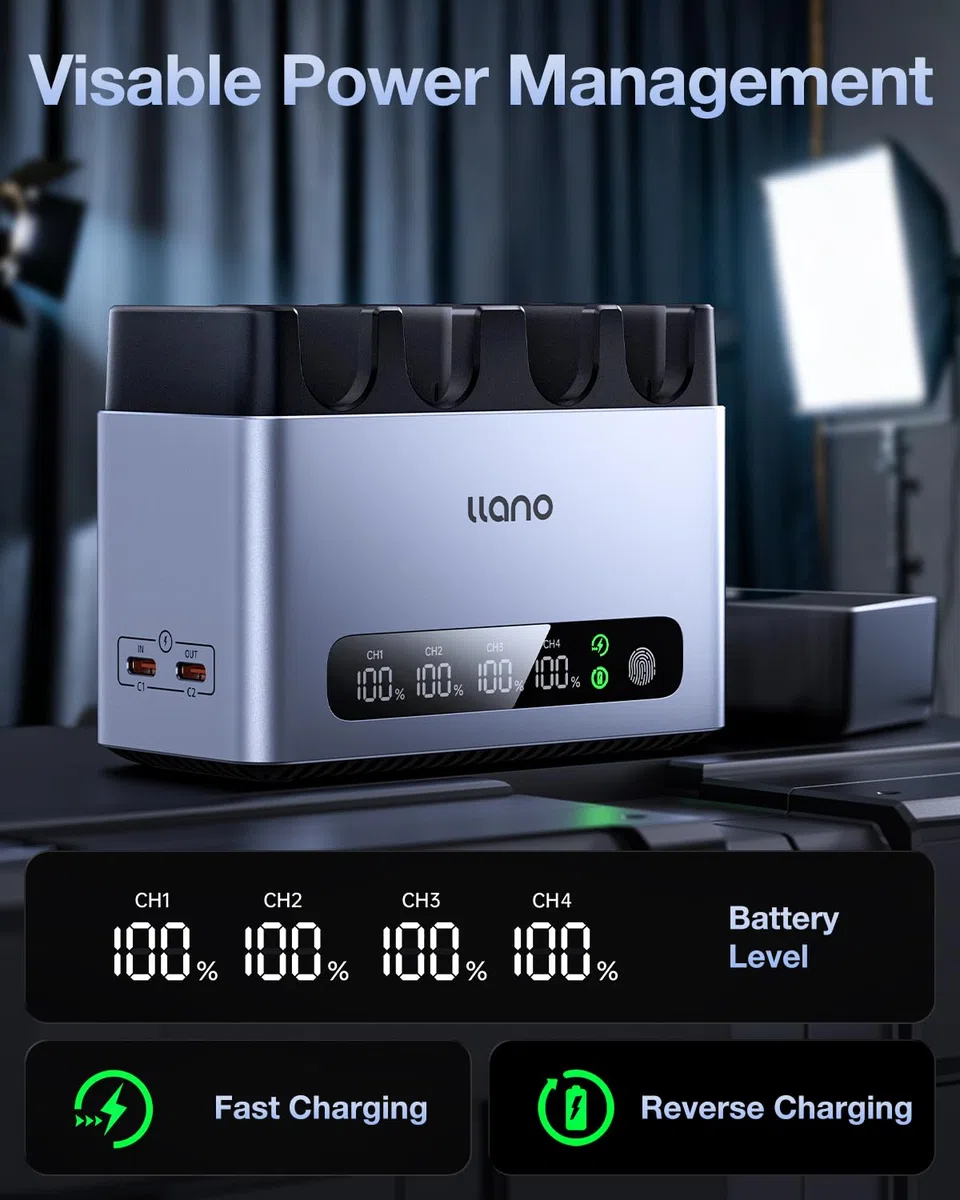 llano Caricatore Rapido 4 Slot 65W per Batterie NP-FZ100 Sony, per A7III, A7IV, FX3, FX30, A9, A1, A7C/II, A7RV, A7RIII, A6700, A6600, ZV-E1, ZV-E10II, con Display Digitale e Coperchio Magnetico