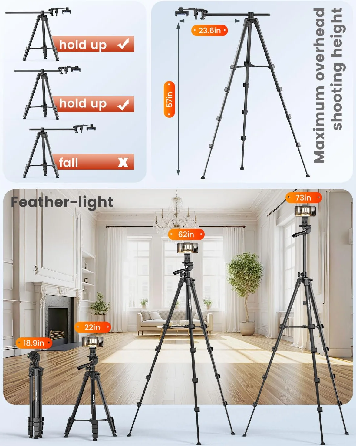 CAMBOFOTO Treppiede orizzontale 185 cm per iPhone/fotocamera, Treppiede overhead per smartphone flessibile, Supporto per telefono per riprese video/Borsa da trasporto
