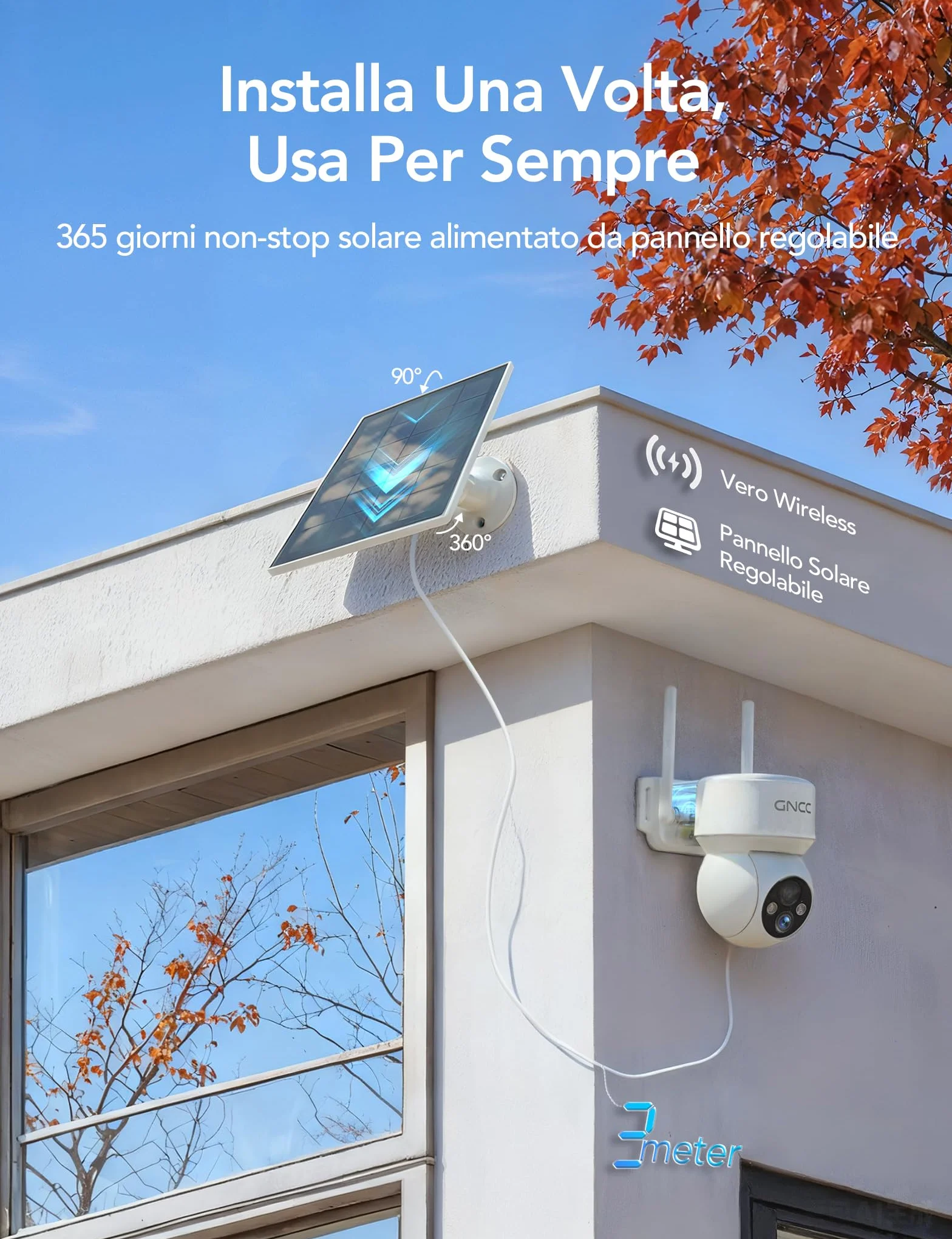 GNCC Telecamera WiFi Esterno Senza Fili con Pannello Solare, 2MP Videocamera Sorveglianza Esterno a Batteria 5200mAh, Rilevamento PIR/Umano, 360° PTZ, Visione Notturna a Colori, Audio Bidirezionale