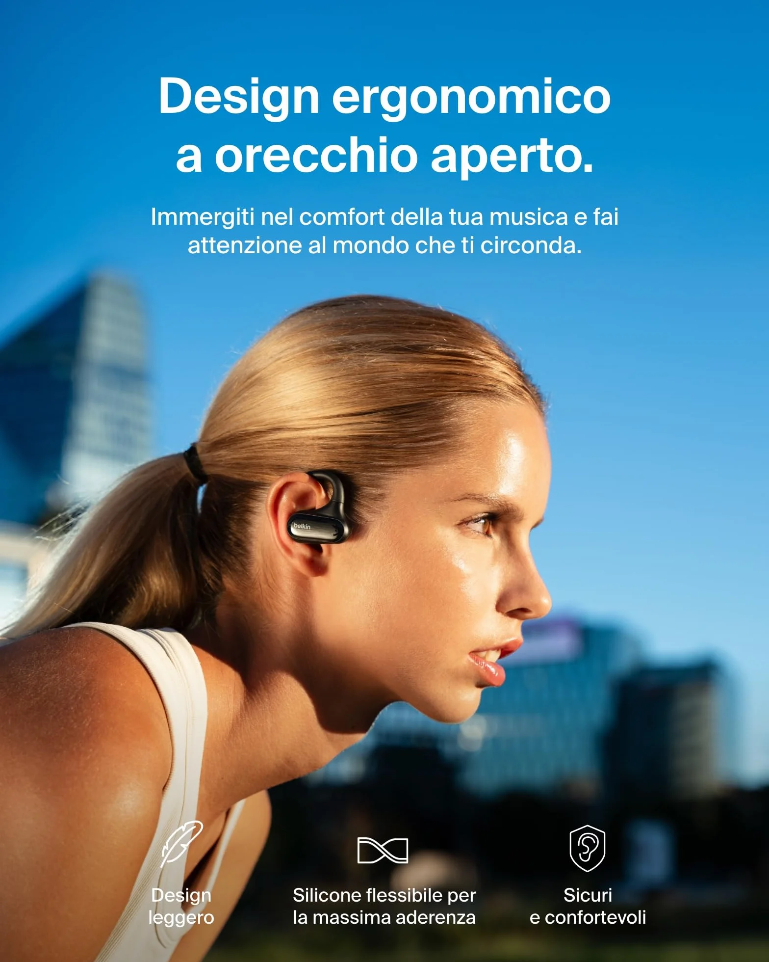 Belkin SoundForm ClearFit Auricolari Wireless Open-Ear Sportivi e Leggeri, Auricolari Bluetooth Resistenti all'Acqua (IPX5), Cuffie Wireless per Escursionismo, Ciclismo, Corsa e Altro, Nero