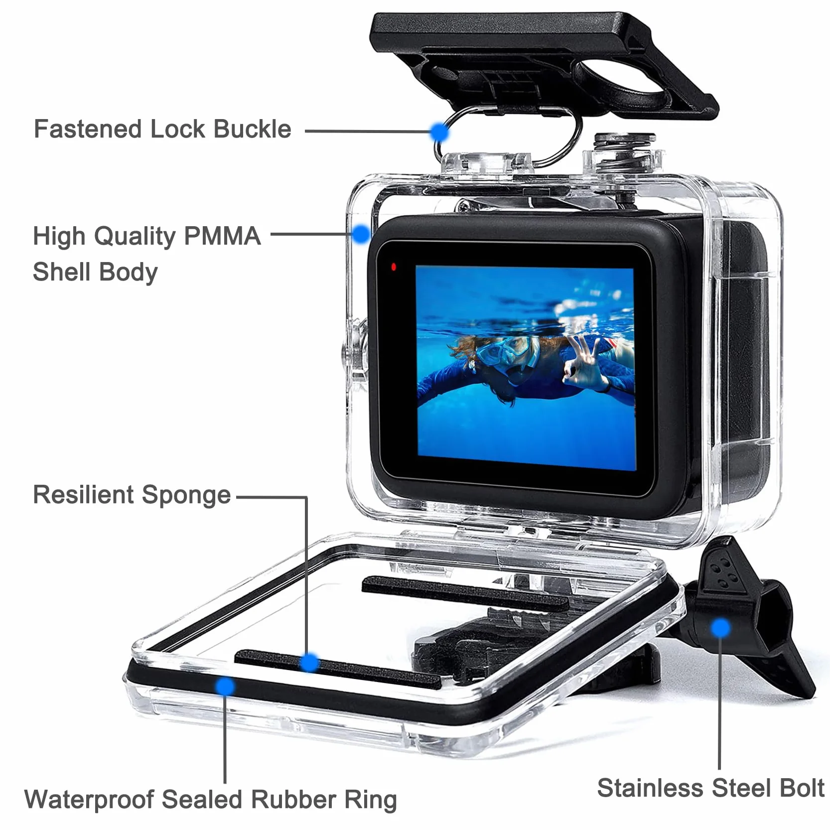 OKFUN Custodia impermeabile con 3 filtri per Go Pro Hero 13-10 nero, guscio protettivo subacqueo monopiede galleggiante impugnatura bastone action camera accessori