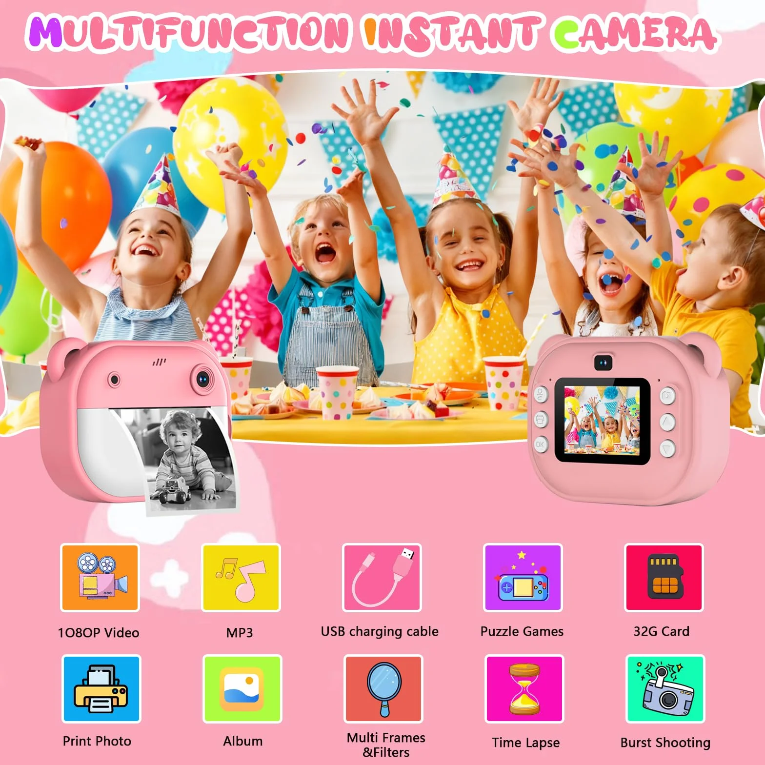 Macchina Fotografica Bambini Istantanea, Fotocamera Digitale con Carta da Stampa e Scheda TF da 32 G, Penne Colora, Regalo Natale Bambino e Bambina 3-14 Anni (Rosa)