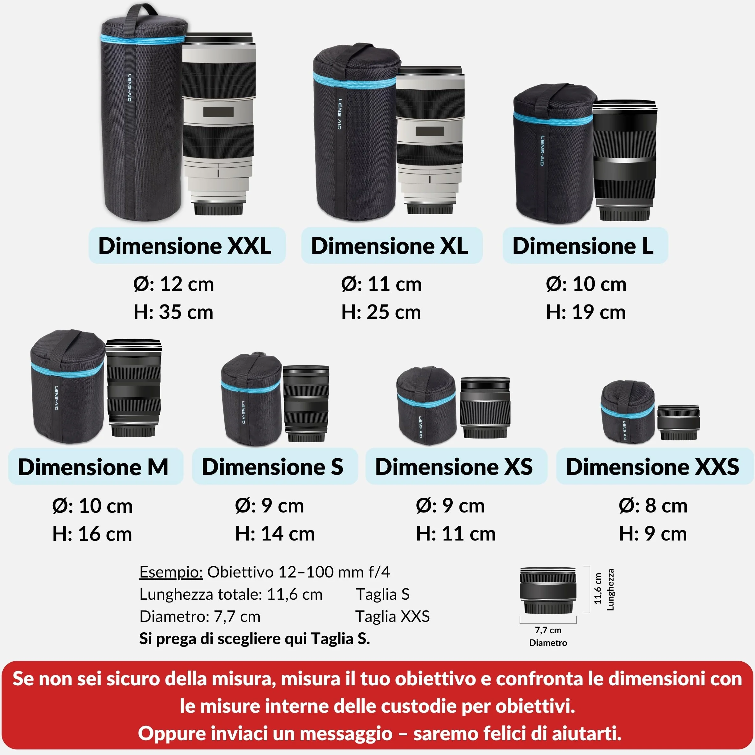 LENS-AID Custodia Obiettivo Imbottita con Zip – Borsa Protettiva, Protezione Totale per Obiettivi DSLR e Mirrorless, Nero, XL (11 x 25 cm)