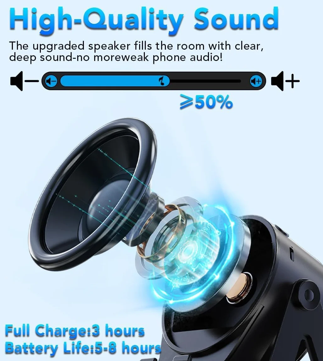 Altoparlante Bluetooth a induzione wireless 5 in 1 con supporto rotondo regolabile per telefono, altoparlante Bluetooth stereo multifunzionale, luce ambientale 8 RGB e lunga durata della