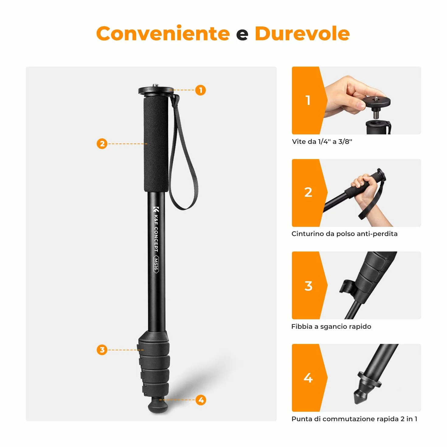 K&F Concept Monopiede Fotocamera 160cm, Bastone Selfie Multifunzionale per Gopro DSLR con Cavo anti-Perdita, Bastone da Passeggio estensibile con bussola, Carico Max 10kg, Peso 0,33kg - MS16