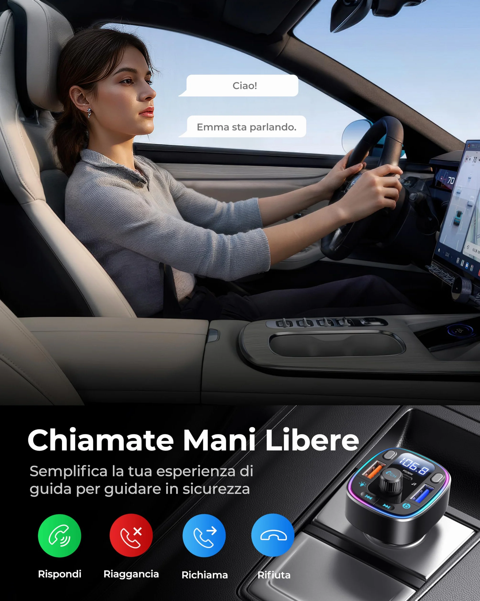 LENCENT Trasmettitore FM Bluetooth 5.4, Accendisigari Auto Radio, 54W USB Ricarica Rapida (PD 36W & QC3.0), Bluetooth FM Musica, Chiamate Vivavoce, Doppio Microfono e Chiavetta USB