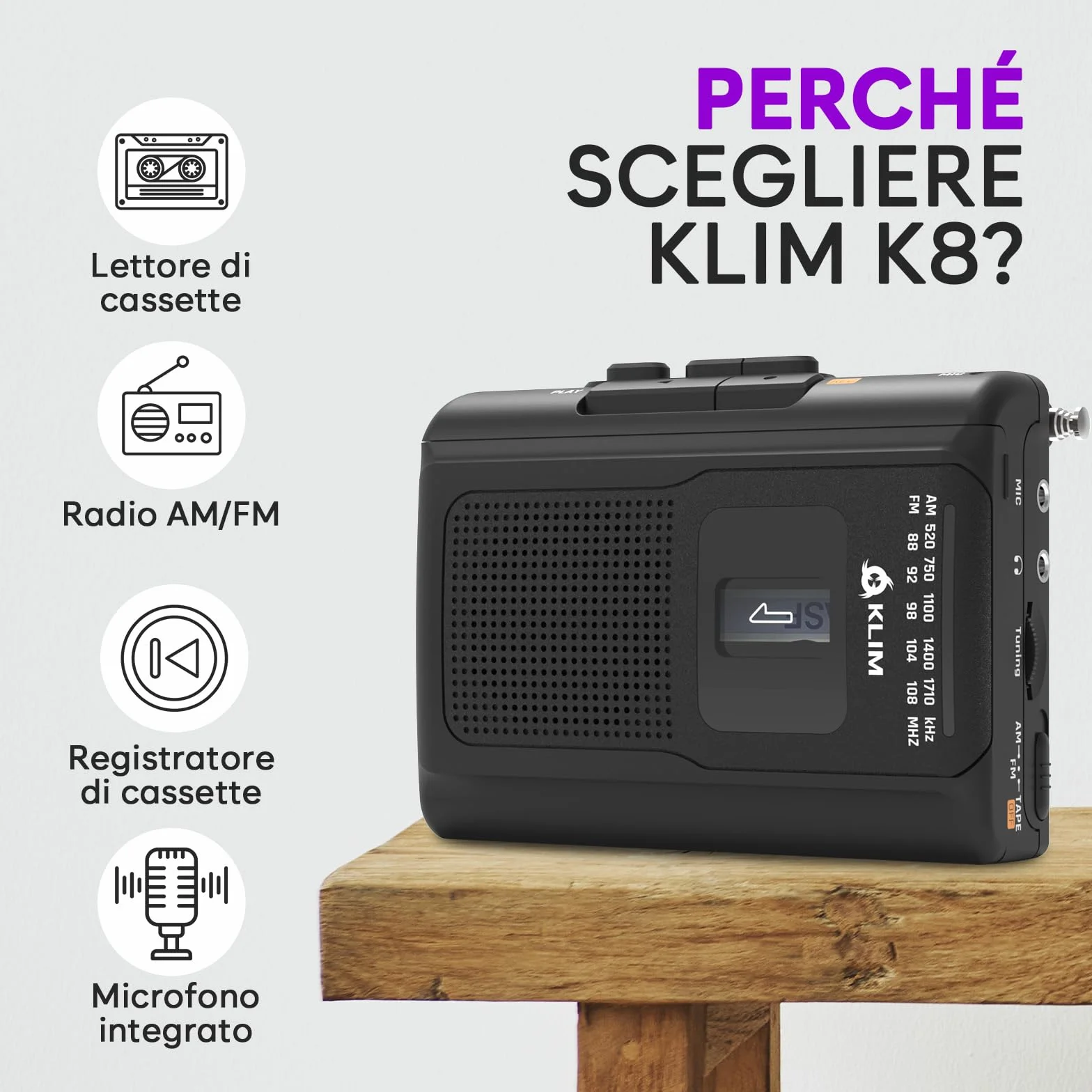 KLIM K8 Lettore Cassette Audio con Cuffie F1 - Registratore Cassette AM/FM Radio - Microfono e Altoparlante Integrati - Nero