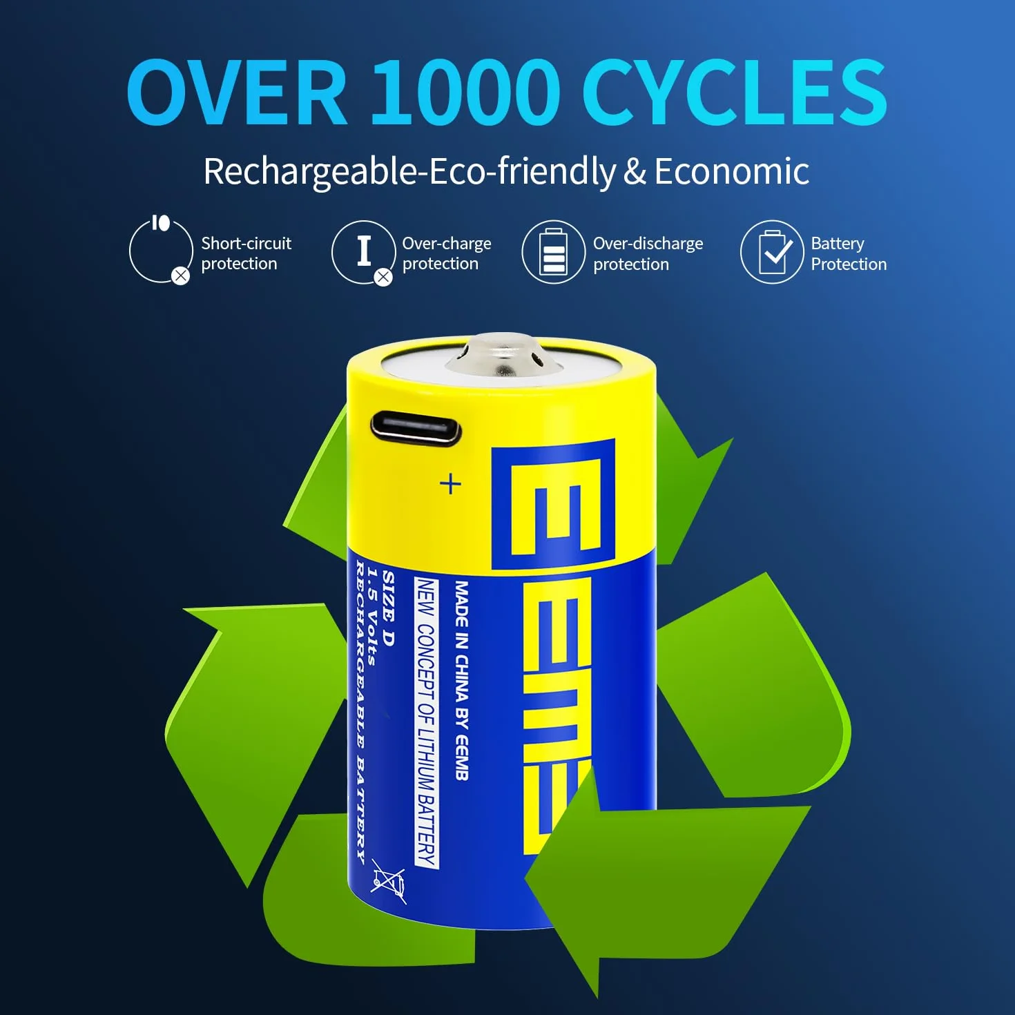 EEMB Confezione da 4 Batterie D Ricaricabili 1,5V, Alta Capacità 5550mWh, Pile Mono D al Litio con Cavo di Ricarica USB Tipo C, Batteria di Ricambio LR20 per Torce Elettriche e Radio