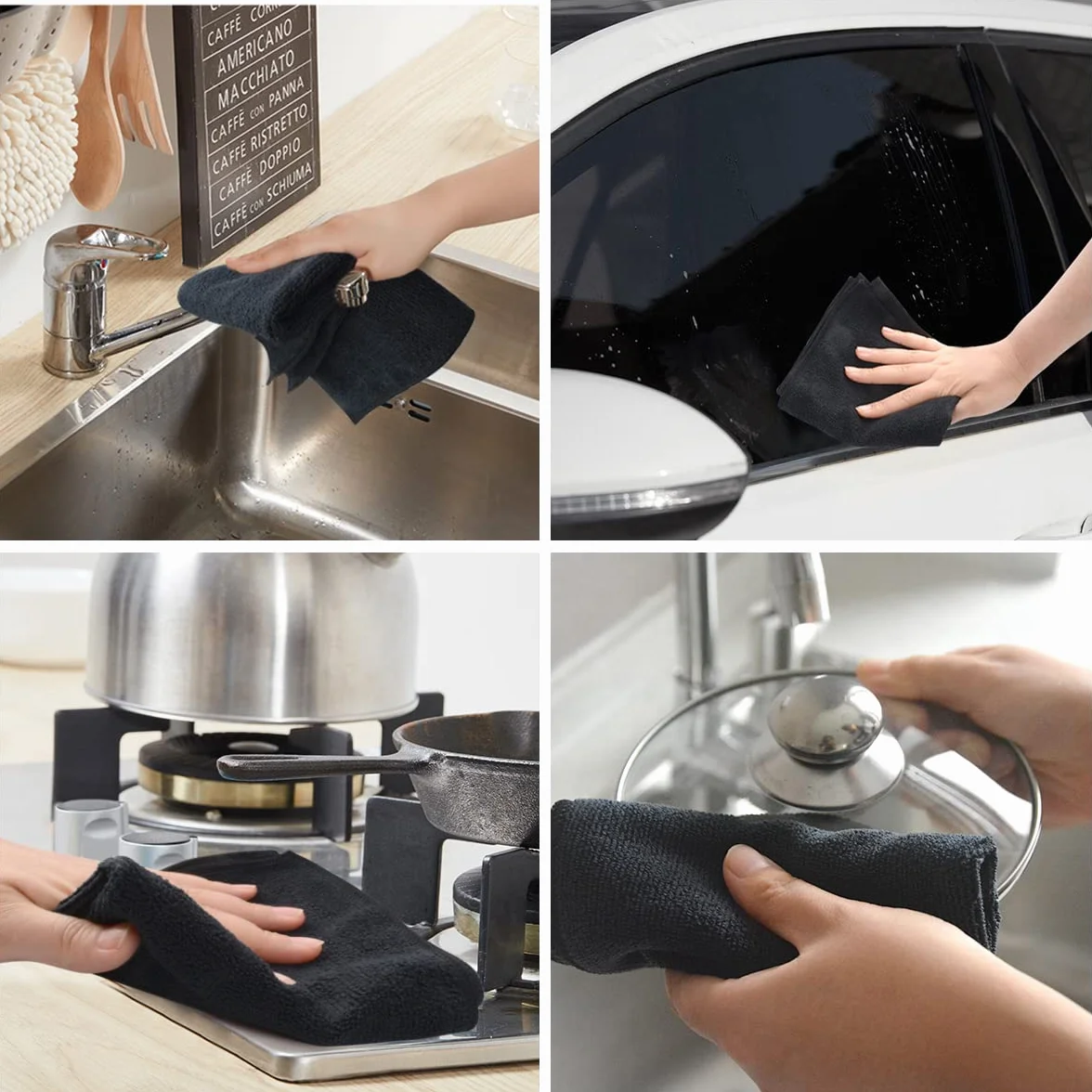 KinHwa panni per la pulizia in microfibra, 20 confezioni di stracci da cucina spessi, super assorbenti e morbidi Panni per la pulizia multiuso, 30cm x 30cm nero