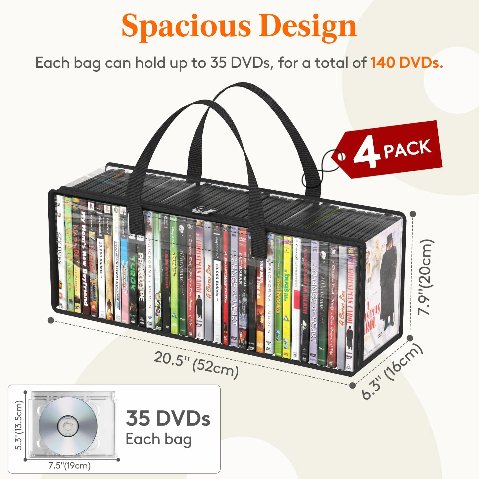 Lifewit Borse Porta DVD, Organizzatore Trasparente in PVC per Custodie Blu-ray e Film, Contenitore per Media e Videocassette VHS con Manici, Capacità 140 DVD (35 per Borsa), 4 Pezzi
