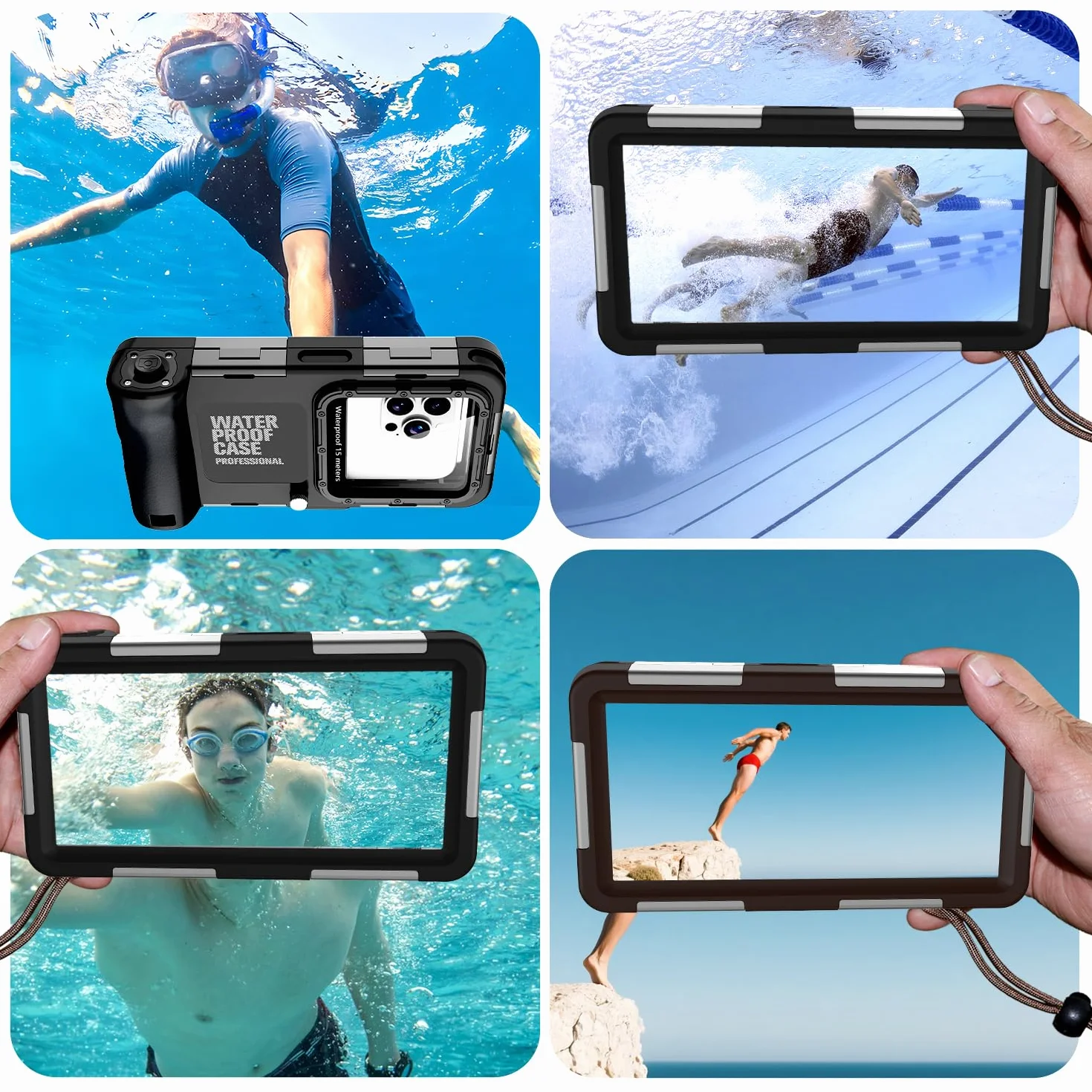 Custodia subacquea impermeabile per snorkeling e immersioni per iPhone 16/15/14/13/12/11 Pro Max 15m/50ft Custodia impermeabile professionale per immersioni subacquee Custodia per foto e