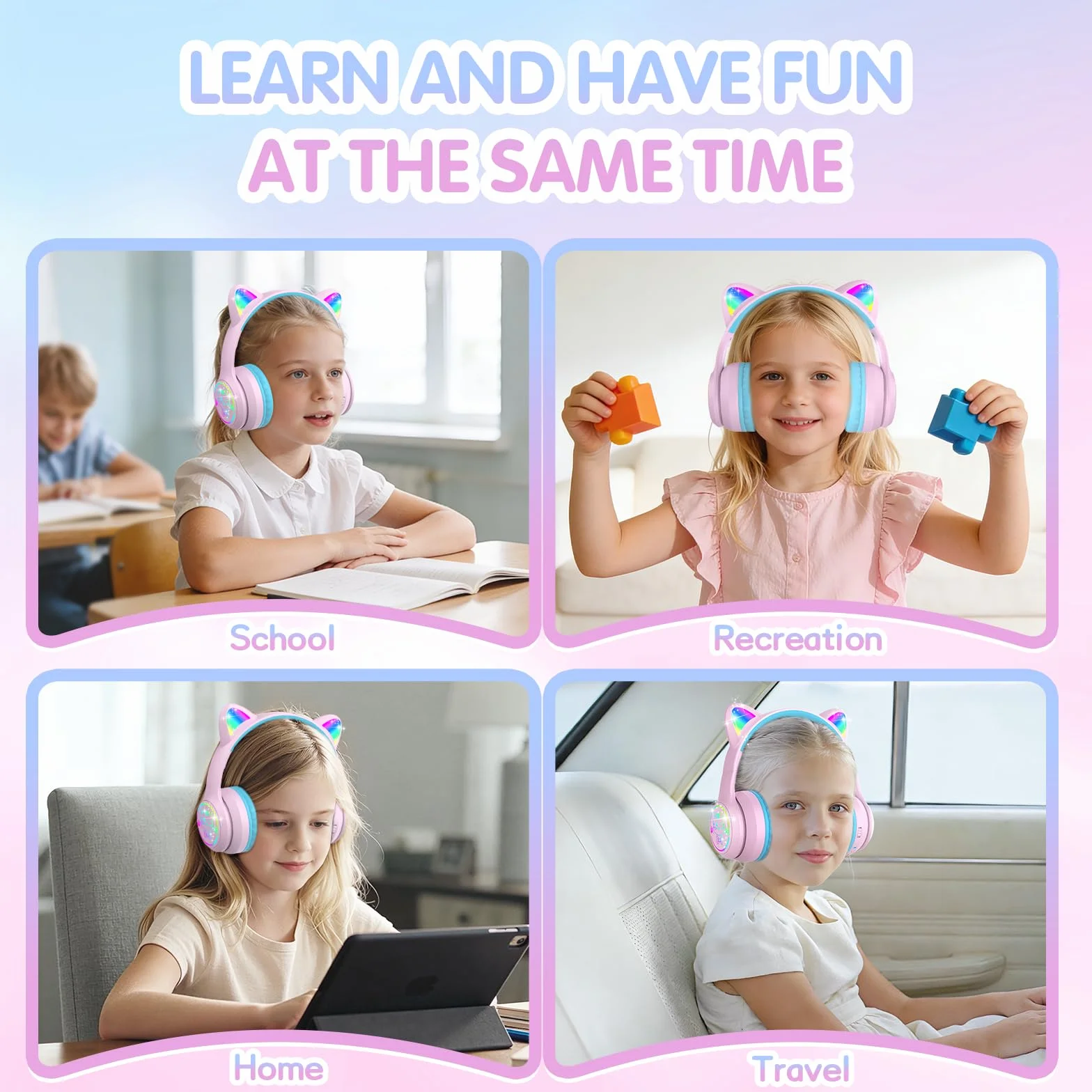 IFECCO Cuffie Bluetooth per bambini senza fili con custodia – Cuffie over-ear con luci LED, orecchie da gatto, limitazione del volume a 85 dBA, microfono integrato, compatibili con iPad/tablet/scuola
