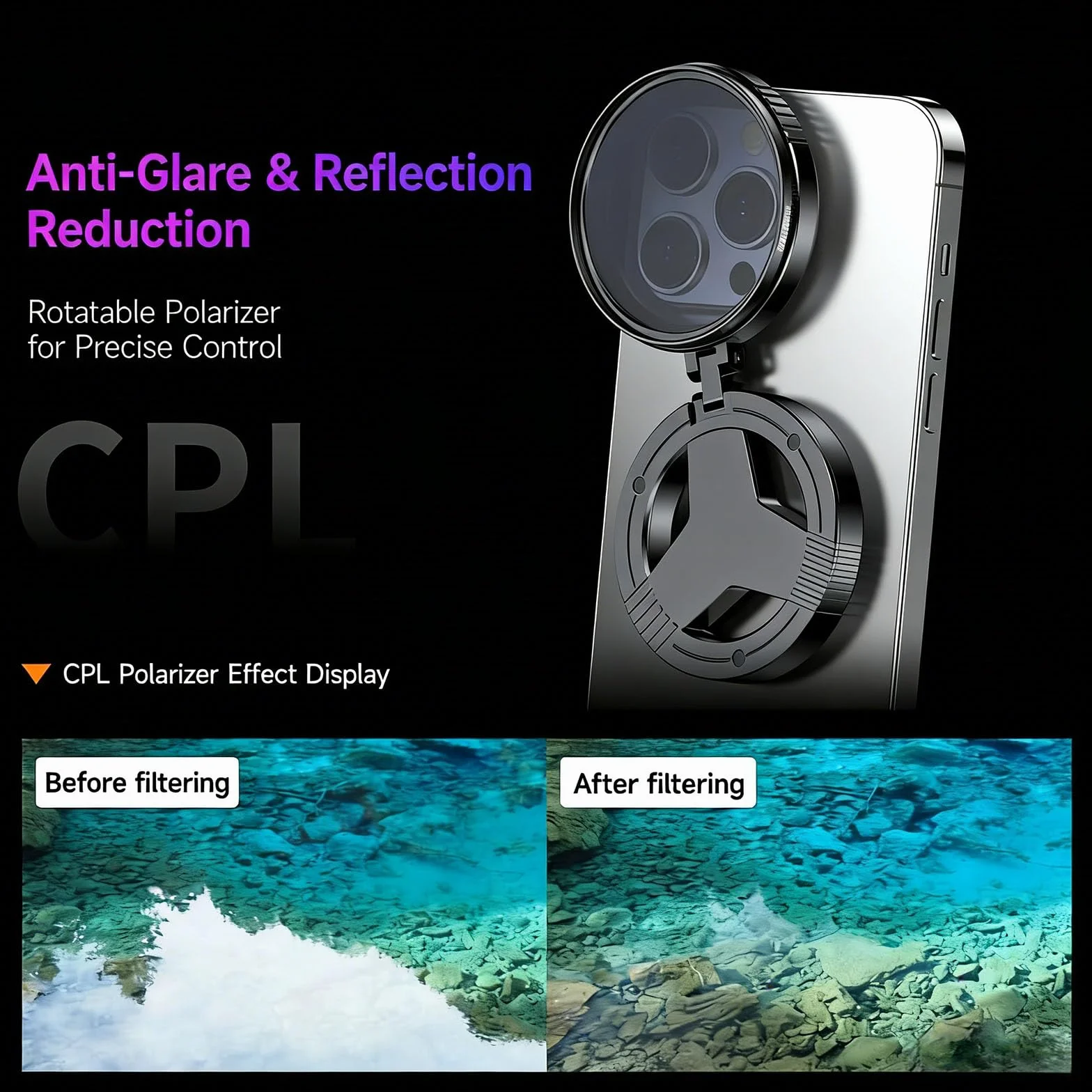 Anti-Glare Magnetic Phone Filter, 52mm Polarizing Lens Filter, Magnetic Adapter Mount for Smartphone Photography (1 PCS)