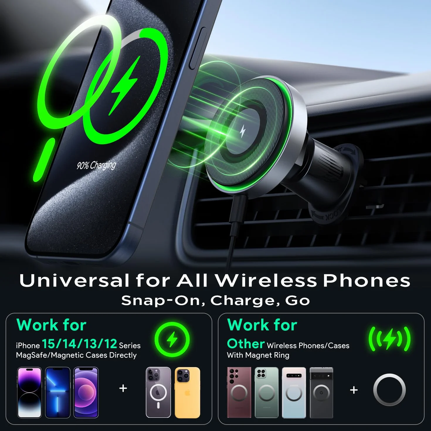 Hinyx Caricatore Wireless Auto Magnetico da, Compatible Con Mag-Safe auto Caricabatterie Senza Fili Supporto Telefono