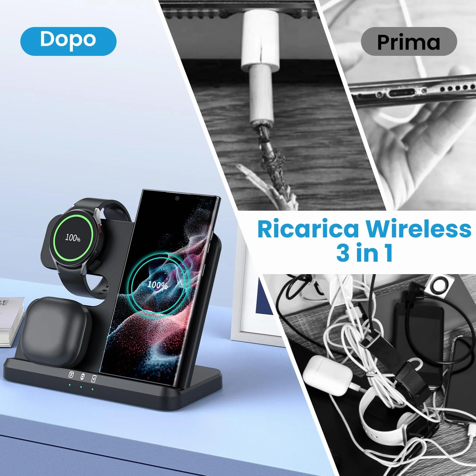 seacosmo Caricabatterie Wireless 3 in 1 per Samsung, Stazione Ricarica Wireless Rapida Charging Station, Caricatore S24/S23/S22/S21 Ultra/Z Flip/Fold 5/4, per Galaxy Watch 8/6/5 Pro & Galaxy Buds