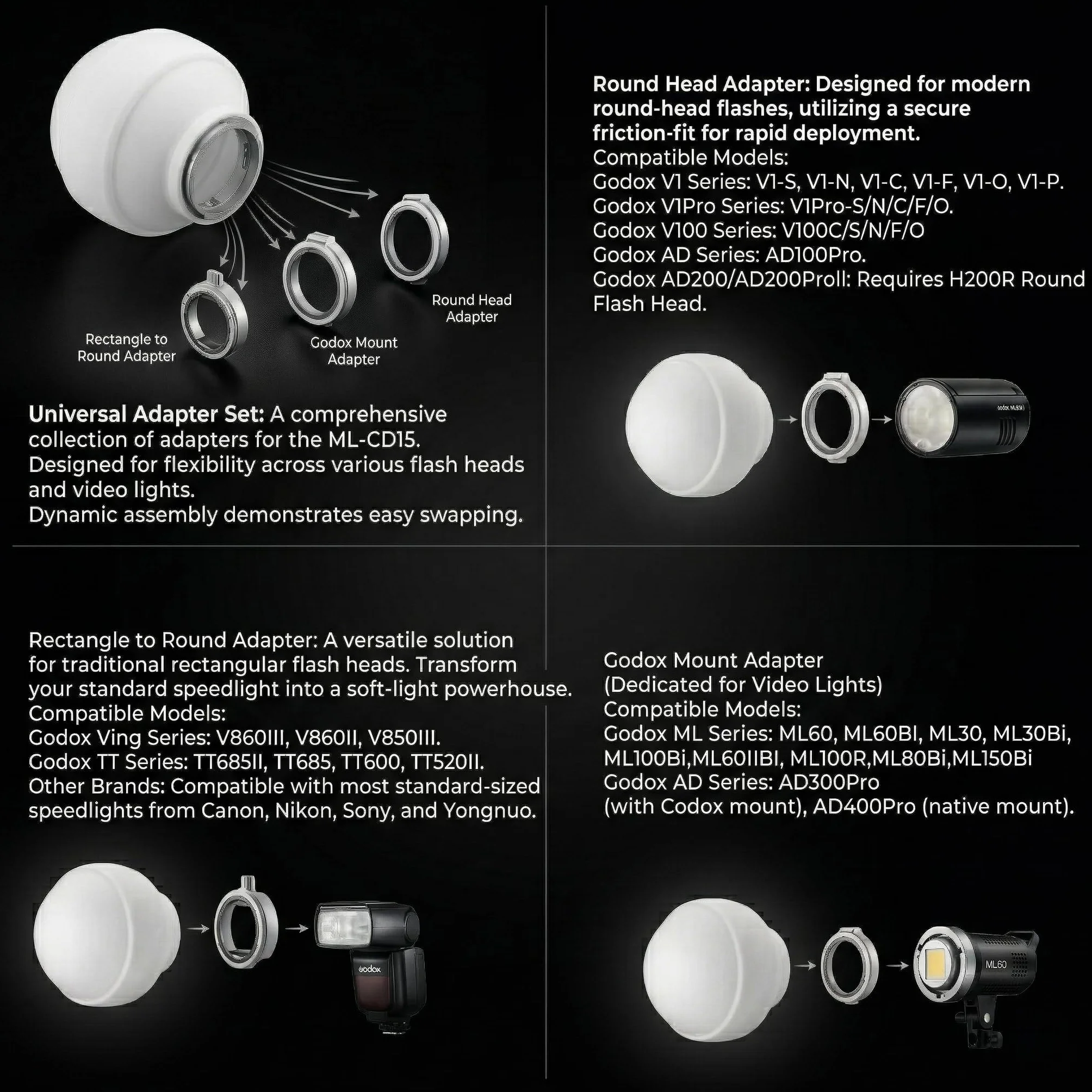Godox ML-CD15 Soft Dome Diffuser Kit con 3 Adattatori, compatibile con Godox V100, V1 Pro, AD200Pro II, AD100Pro, AD300Pro, AD400Pro, V860III, ML30, ML30Bi, ML100Bi, ML100R, ML60Bi, ML60IIBi e altro