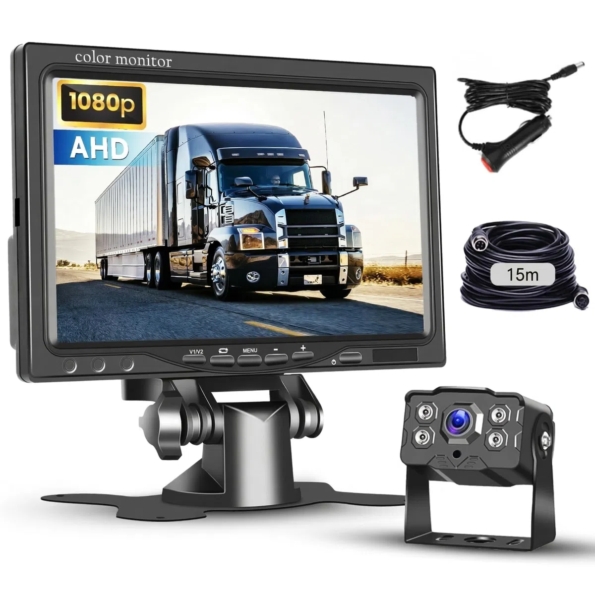 Hodozzy Telecamera Posteriore Auto con 7" Monitor IPS e Telecamera AHD, Visione Notturna IR Impermeabile IP68 Telecamera per Retromarcia Cavo 4 Pin 15 m per Camion/Rimorchio/Autobus/Furgone(9-36V)