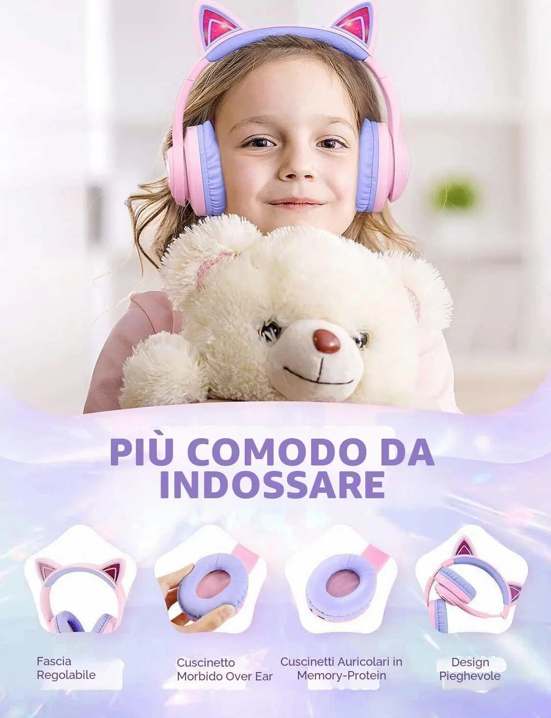 iClever Cuffie Bluetooth per Bambini, BTH13 Cat Ear LED Cuffie Wireless Bambini con Mic, 50 Ore di Riproduzione, 74/85dBA di Limitazione del Volume