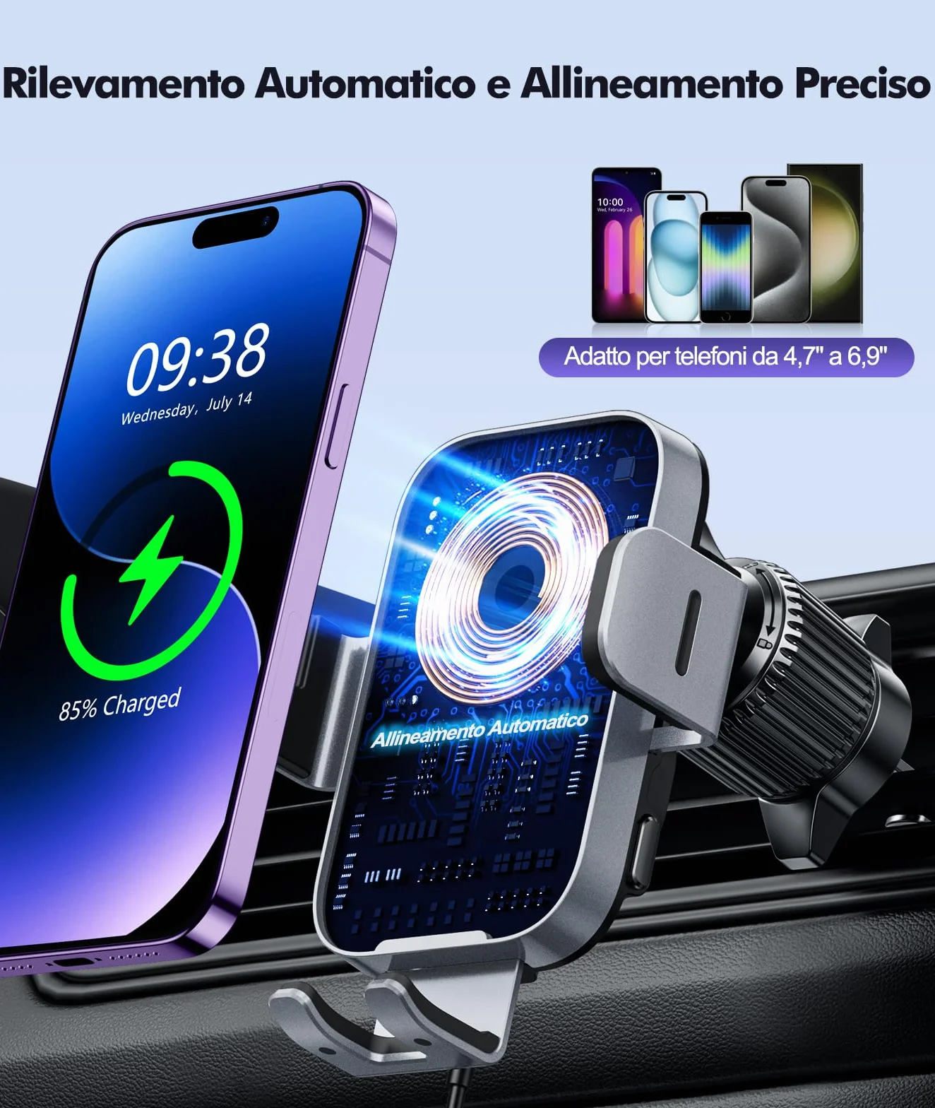 ISEYOU Caricatore Wireless Auto, 15W Supporto Telefono Auto Ricarica Wireless Rapida Bloccaggio Automatico, 360°Rotazione Caricabatterie Wireless Auto Compatibile con iPhone 17 16 15 14 Pro Max Galaxy