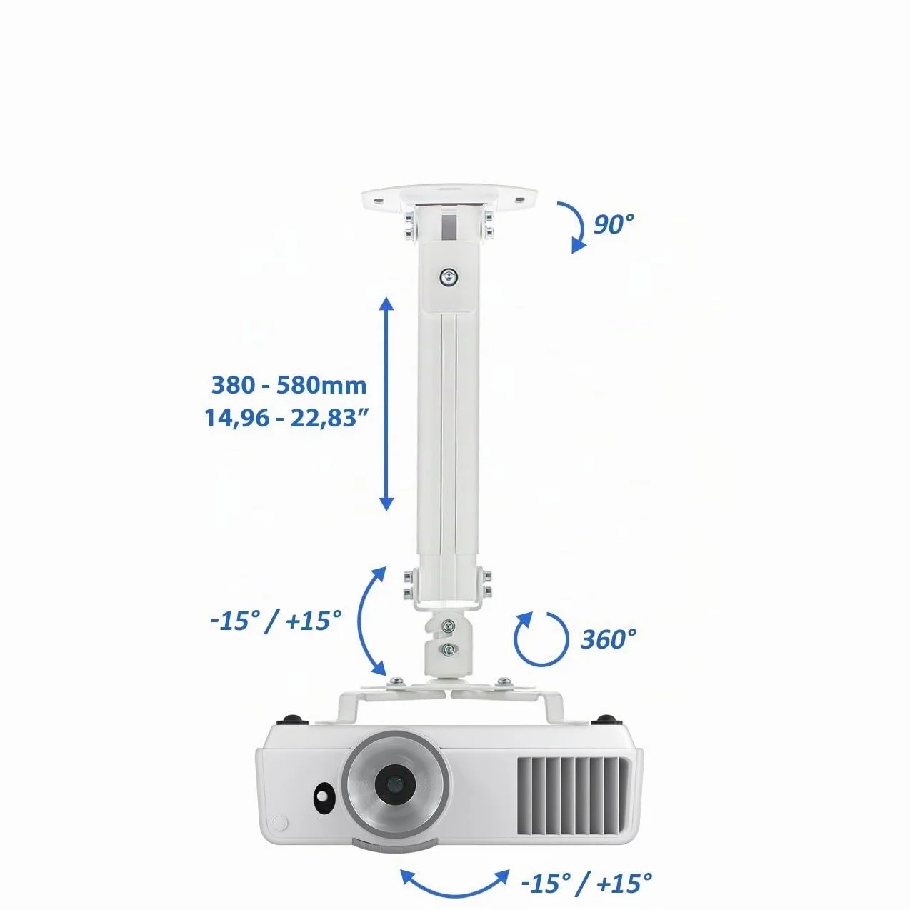 deleyCON Supporto Universale per Proiettore Montaggio a Soffitto +-15° Inclinabile - Ruotabile di 360° - Fino a 13,5 Kg - Altezza Regolabile 380 mm - 580 mm - Gestione dei Cavi - Bianco