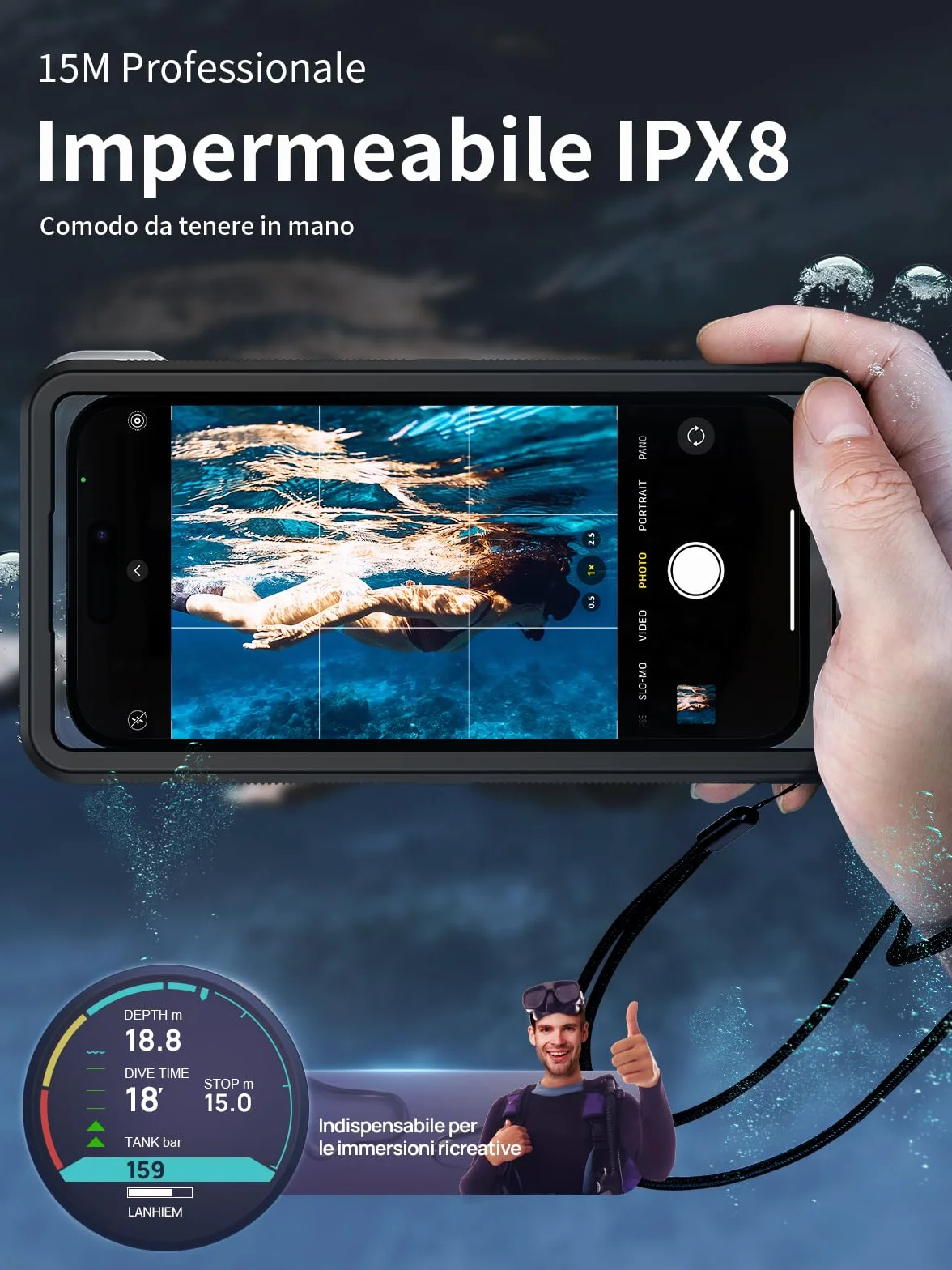 Custodia Impermeabile 15M [Universale] Smartphone IPX8 Cover Subacquea Professionale [Touchscreen Subacqueo] Asciutta Borsa per iPhone Samsung Galaxy Huawei XiaoMi Oppo Vivo Android 4.7-6.9''