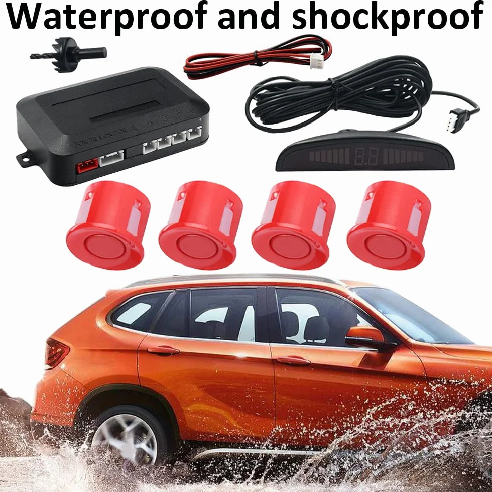 Auto Sensori di Parcheggio 4 Sensore Posteriore Parcheggio Kit Sistema Radar Parcheggio in Retromarcia Allarme Sonoro Distanza LED Display Radar Inverso Rosso