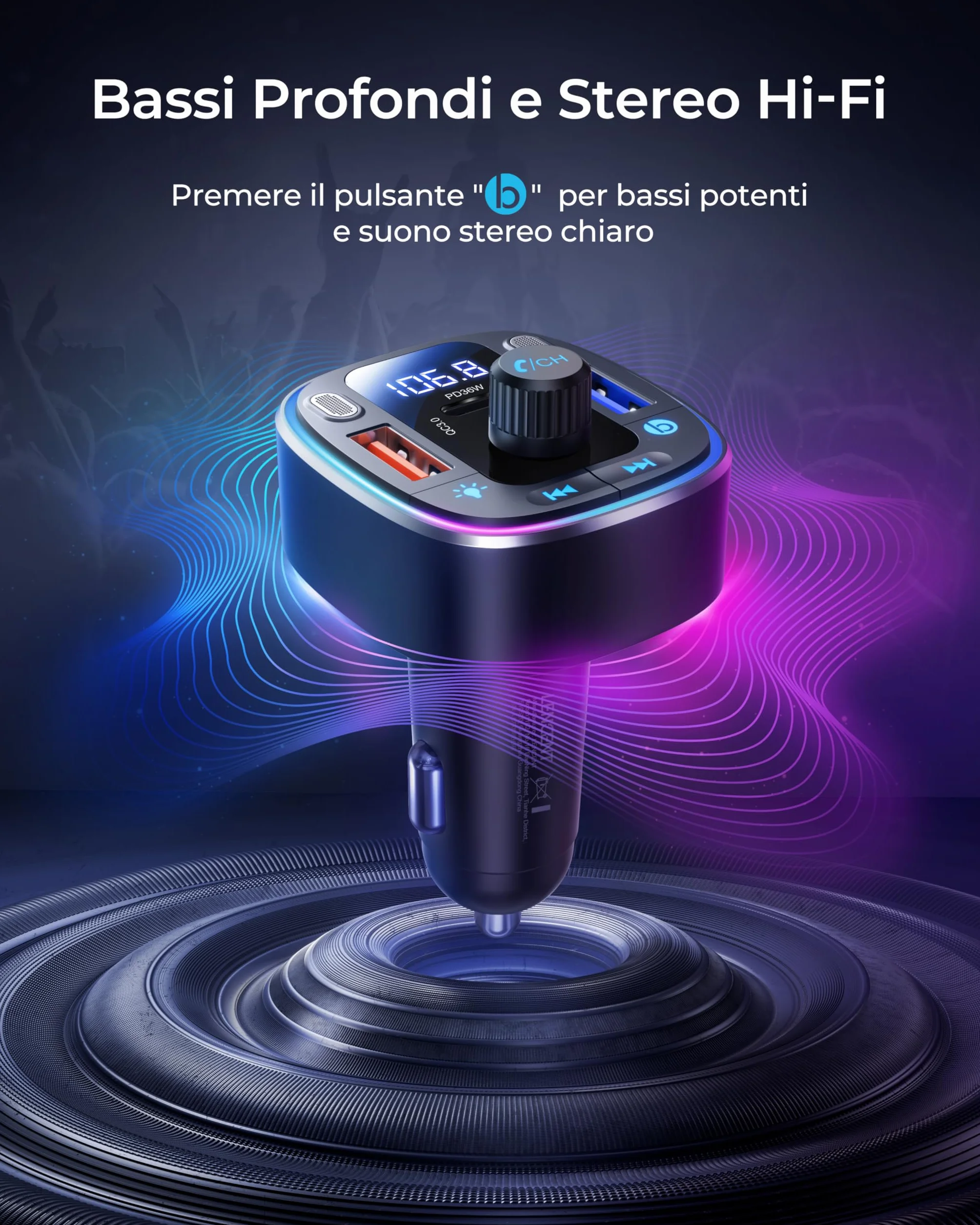 LENCENT Trasmettitore FM Bluetooth 5.4, Accendisigari Auto Radio, 54W USB Ricarica Rapida (PD 36W & QC3.0), Bluetooth FM Musica, Chiamate Vivavoce, Doppio Microfono e Chiavetta USB