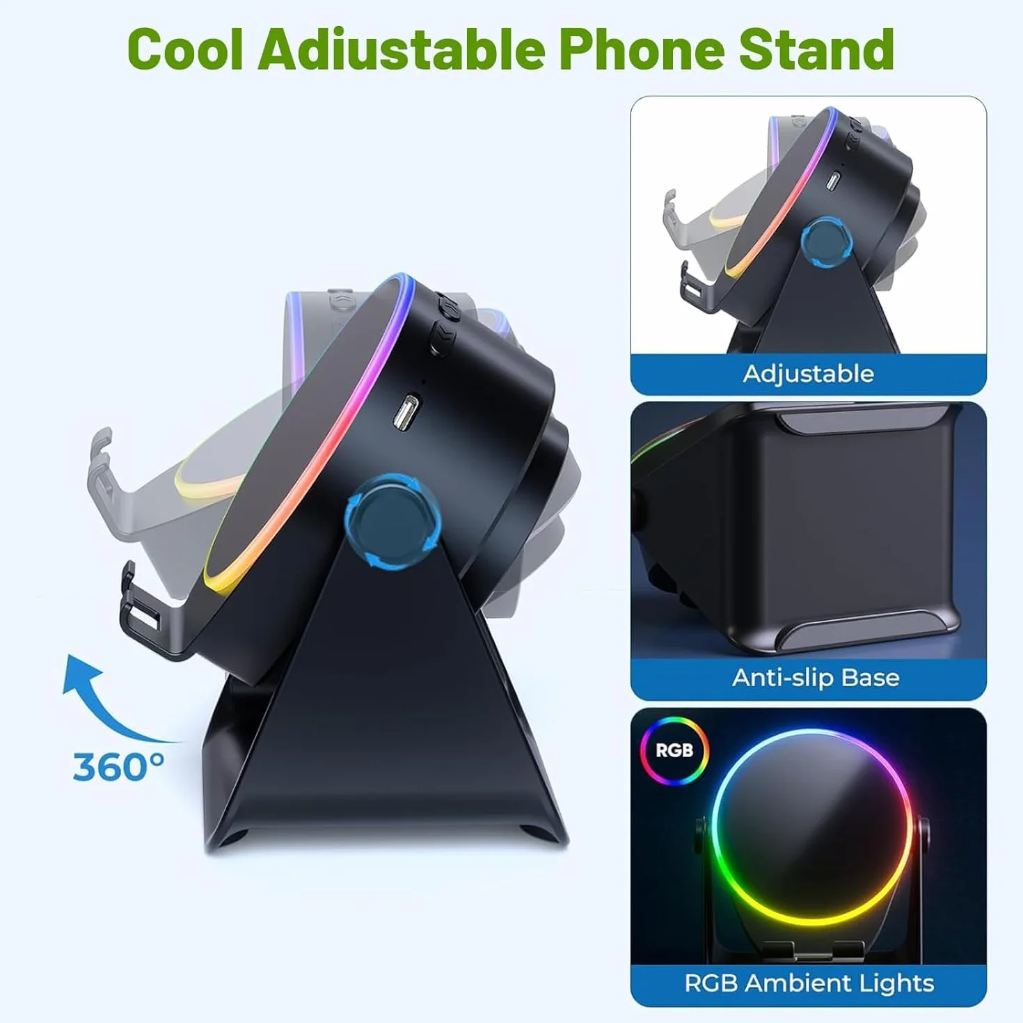 Altoparlante Bluetooth a induzione wireless 5 in 1 con supporto rotondo regolabile per telefono, altoparlante Bluetooth stereo multifunzionale, luce ambientale 8 RGB e lunga durata della