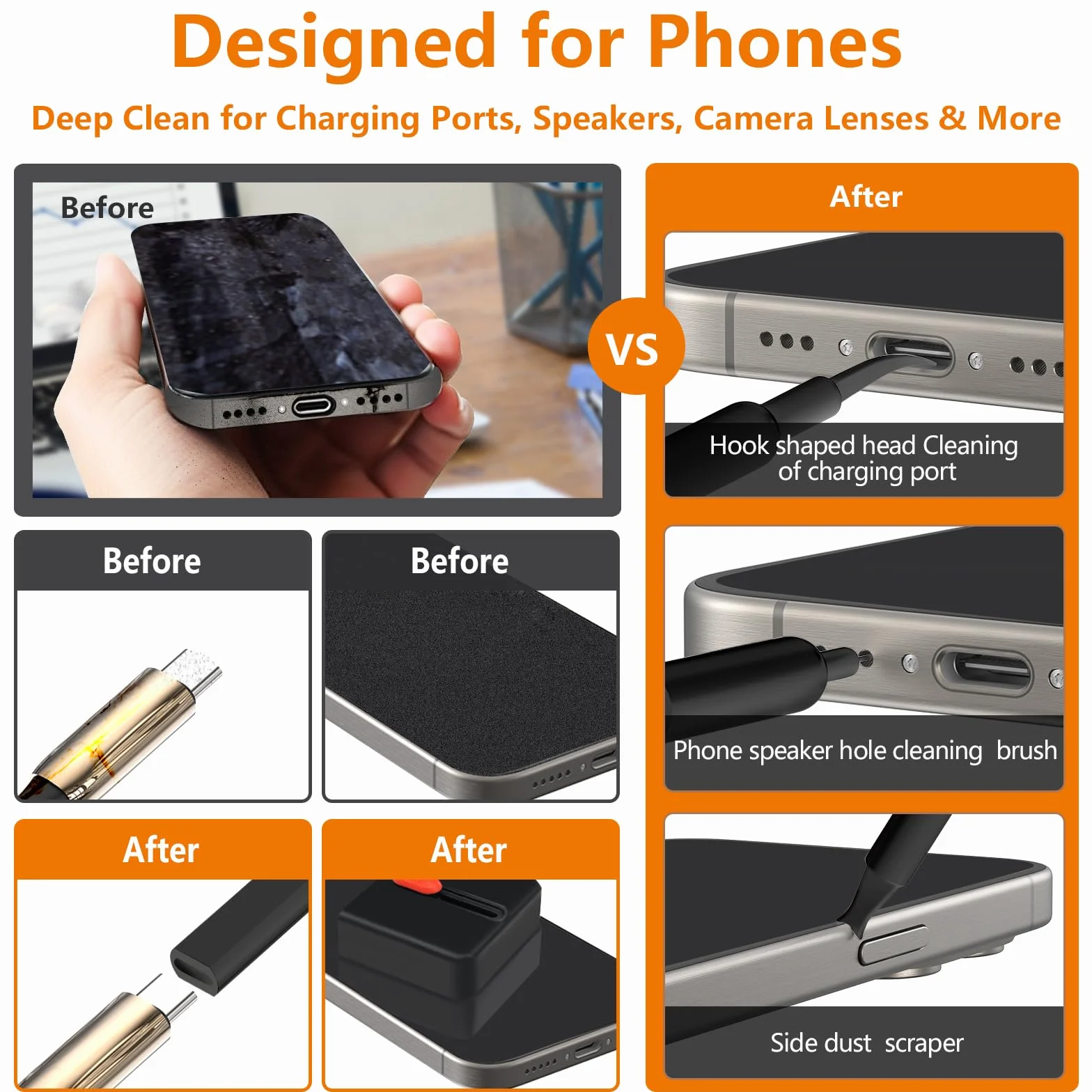 Kit per la pulizia del telefono con pulitore per porta di ricarica, pennino, schermo e spazzola per altoparlanti, per iPhone, Samsung, AirPods, MacBook, laptop, PC, tastiera, iPad (nero, con stucco e