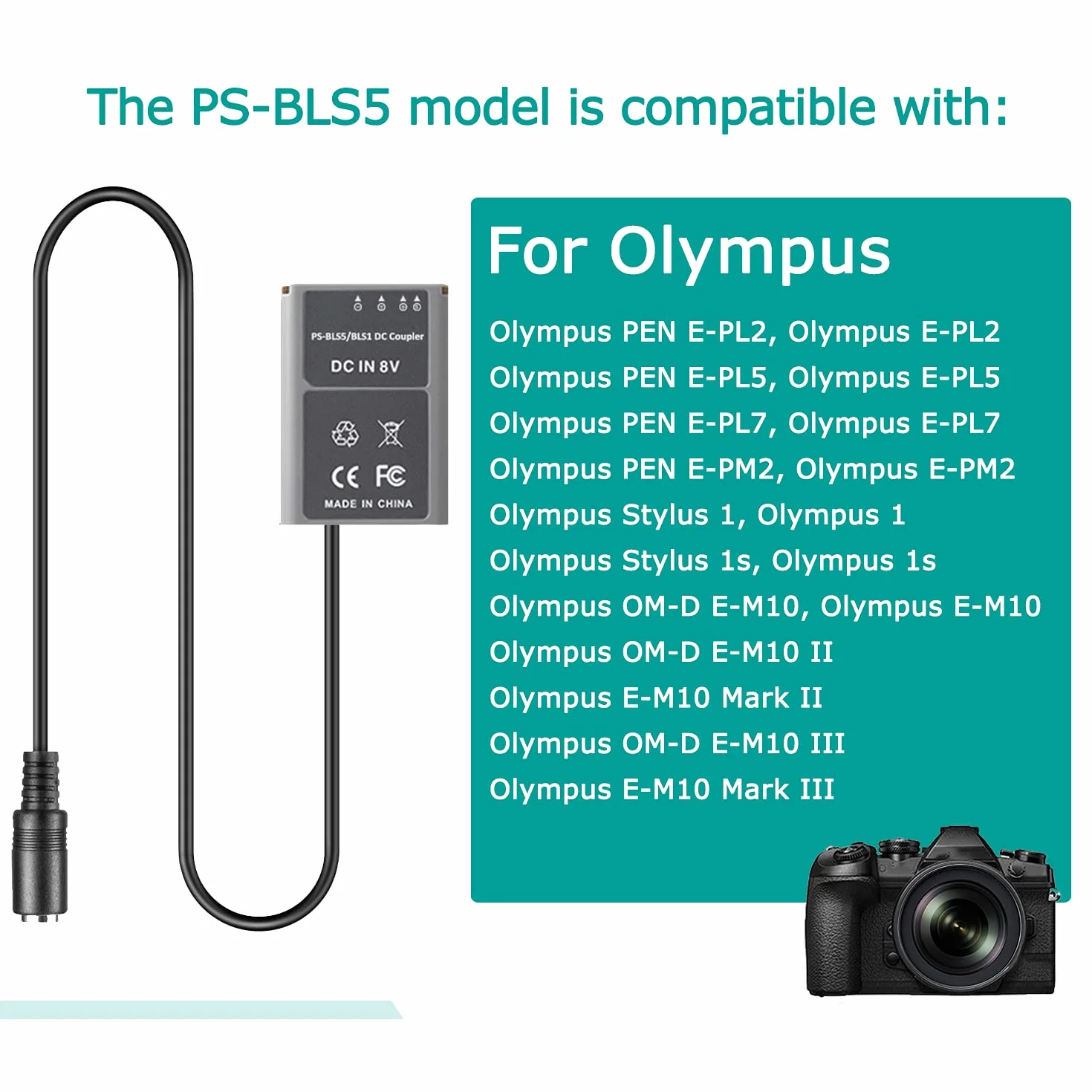 PS-BLS5 Batteria Dummy BLS-5 Cavo USB Accoppiatore DC per Olympus Pen E-PL7 E-PL5 E-PM2 Penna 1 1s OM-D E-M10 E-M10 Mark II III