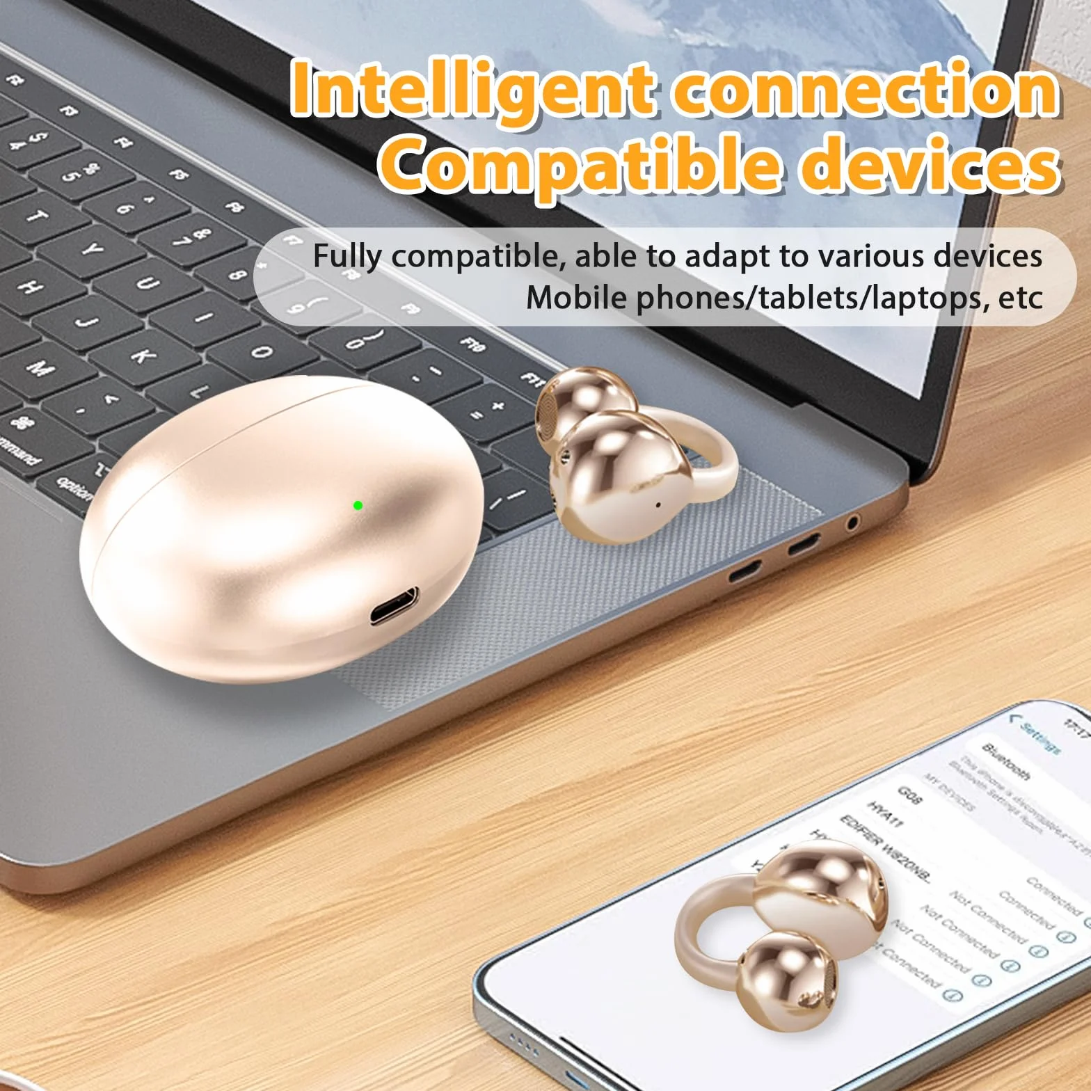 PTHTECHUS Cuffie Conduzione Ossea, Cuffia Aperte Auricolari a Clip Auricolari Bluetooth Sport Clip Aperta Cuffie In-Ear Wireless, Compatibile iOS/Android, 60 ore di Riproduzione, M91 (Oro)