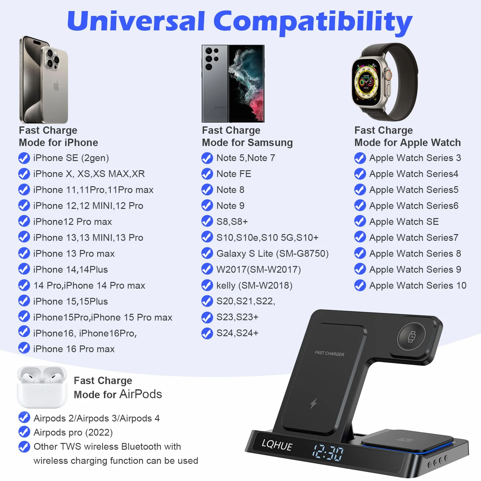 Caricatore wireless 4 in 1 Caricatore per iPhone 16 15 14 13 12 11 Pro SE X XS XR & Watch 9 8 7 6 SE 5 4 3 2,Ricarica Wireless Per i-Watch Ultra 9 8 7 6 SE 5 4 3 Wireless earphones 3/Pro 2