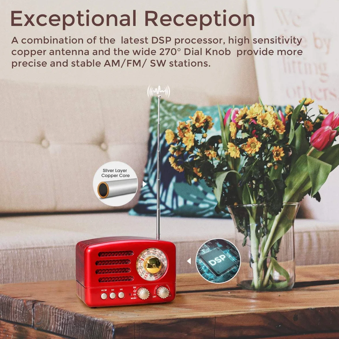 PRUNUS J-160 Radio Portatile Vintage FM/AM/SW, Altoparlante Bluetooth Retro, Batteria Ricaricabile 1800 mAh (Rosso)