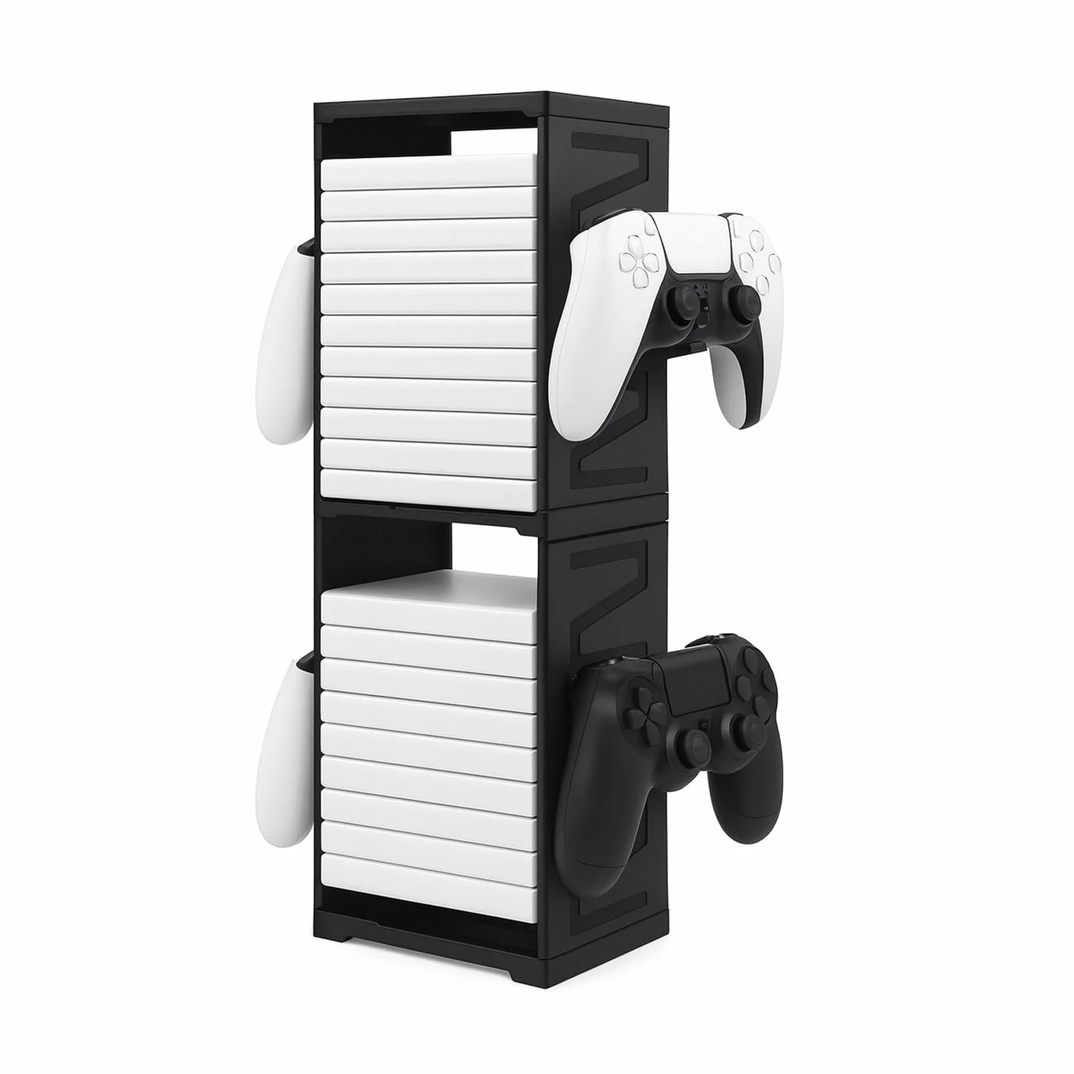 Supporto a torre di archiviazione per giochi per PS5, PS4, Xbox Series X/S, Xbox One, Switch e dischi Blu-Ray - Rack organizer per 24 dischi con controller e ganci per cuffie, salvaspazio