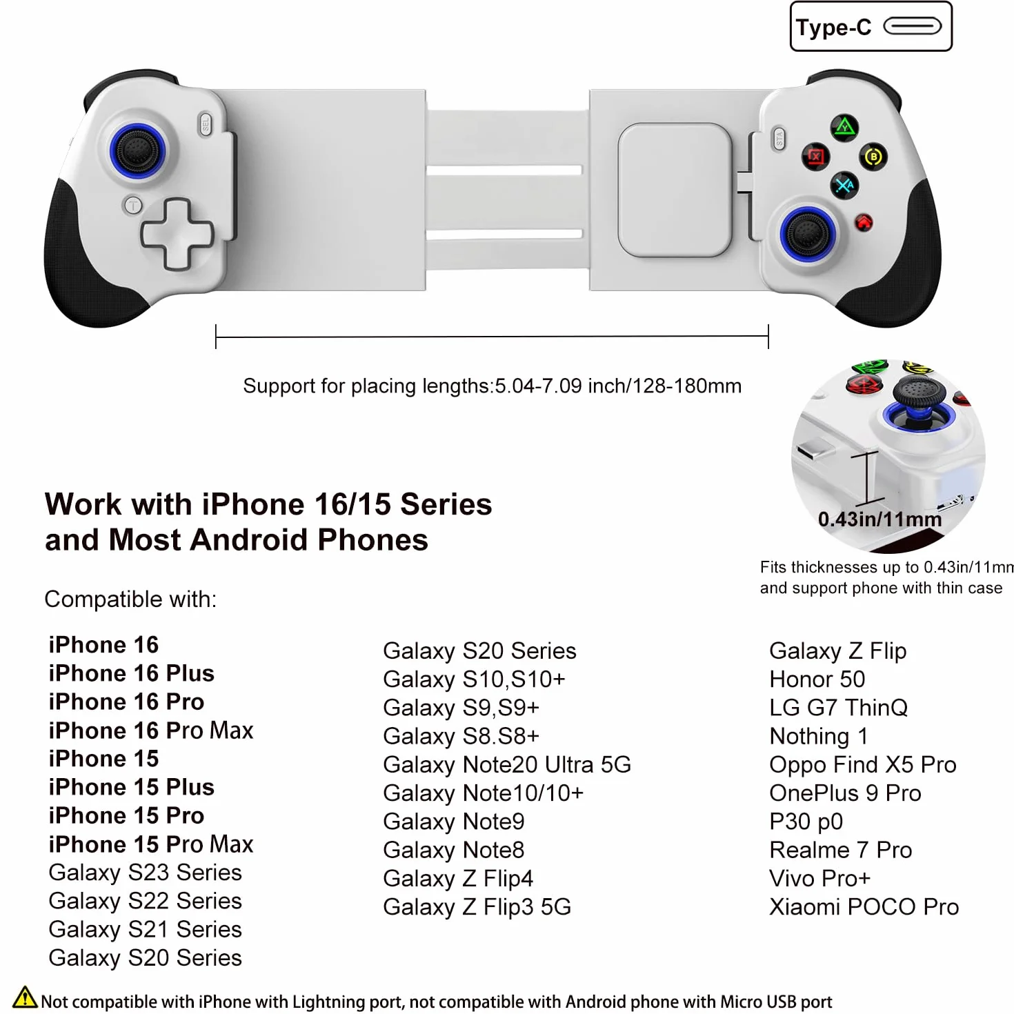 Controller da gioco mobile USB-C per iPhone 15 / iPhone 16 Series e Android, Gamepad per gioco remoto PS per PS5/PS4/Xbox/PC, Cloud Gaming, Joystick Hall/Grilletti Hall, COD, PUBG (Bianco)