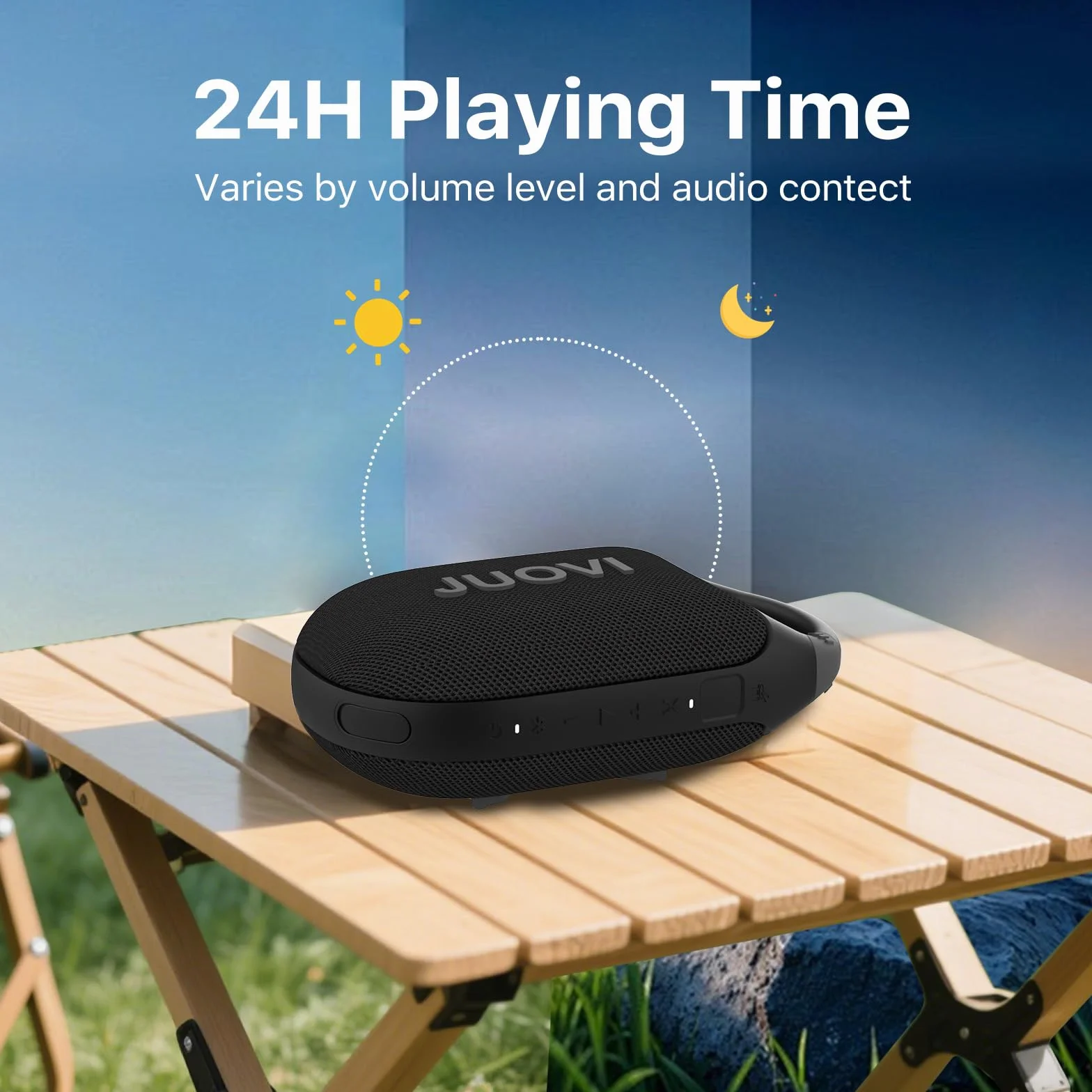 JUOVI Cassa Bluetooth Portatile, Audio Stereo, 24 Ore di Autonomia, Volume Alto, Bluetooth 5.3, IP68 Waterproof, Built-in Carabiner, per Spiaggia, Camera ed Esterno(Blu)