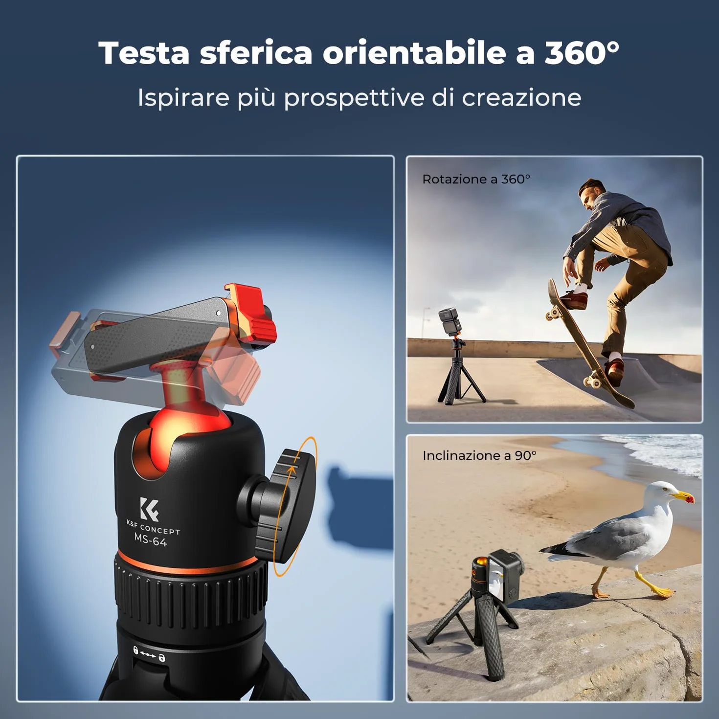 K&F CONCEPT Treppiede Bastone Selfie 65 cm Compatibile con DJI Osmo Nano/Action 6, Monopiede Estraibile, Chiusura Magnetica, Testa Sferica 360°, Supporto per Vlogging