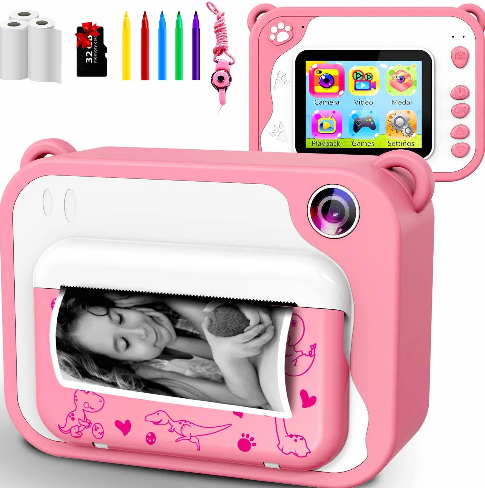 Macchina fotografica digitale per bambini, macchina fotografica istantanea di stampa per ragazze, schermo da 2.0 pollici, 3 rotoli di carta da stampa, mini giocattolo ricaricabile per bambini (rosa)