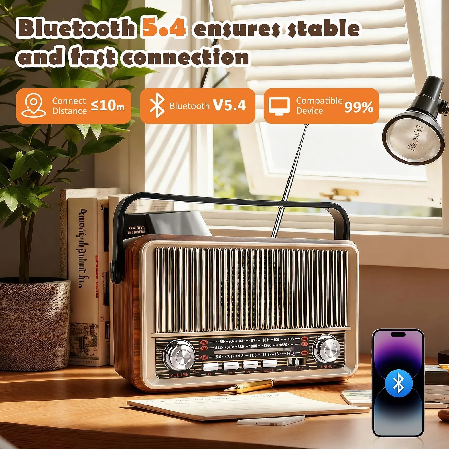 Radio Vintage Bluetooth Altoparlante Portatile con Lettore USB/TF/AUX Batteria Ricaricabile