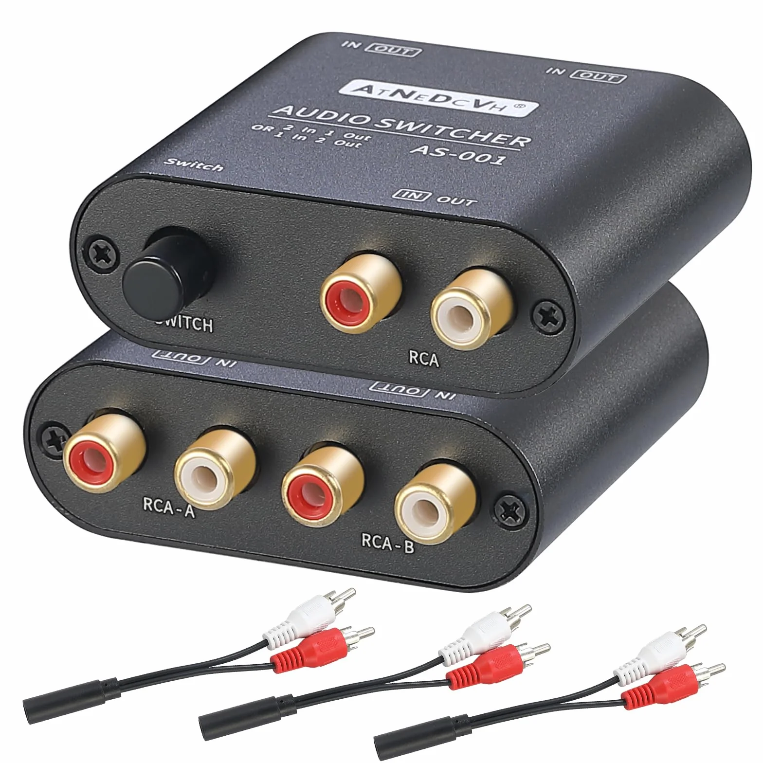 2 porti 1 ingresso 2 uscita / 2 ingresso 1 uscita commutatore audio bidirezionale compatibile per RCA 3,5mm porte, stereo a 2 vie canale L/R altoparlante cuffie selettore audio splitter box