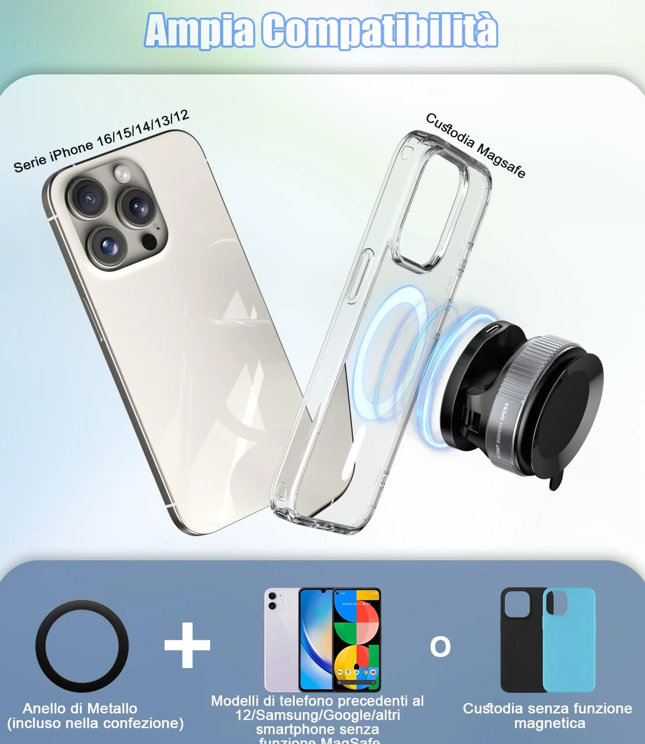 15W Ricarica Veloce Magnetico Porta Cellulare Auto [Ventosa a Vuoto] [Pieghevole, Regolabile 360°] Caricatore Wireless Supproto Telefono Auto per MagSafe iPhone 17 16 15 14 13 12 Serie