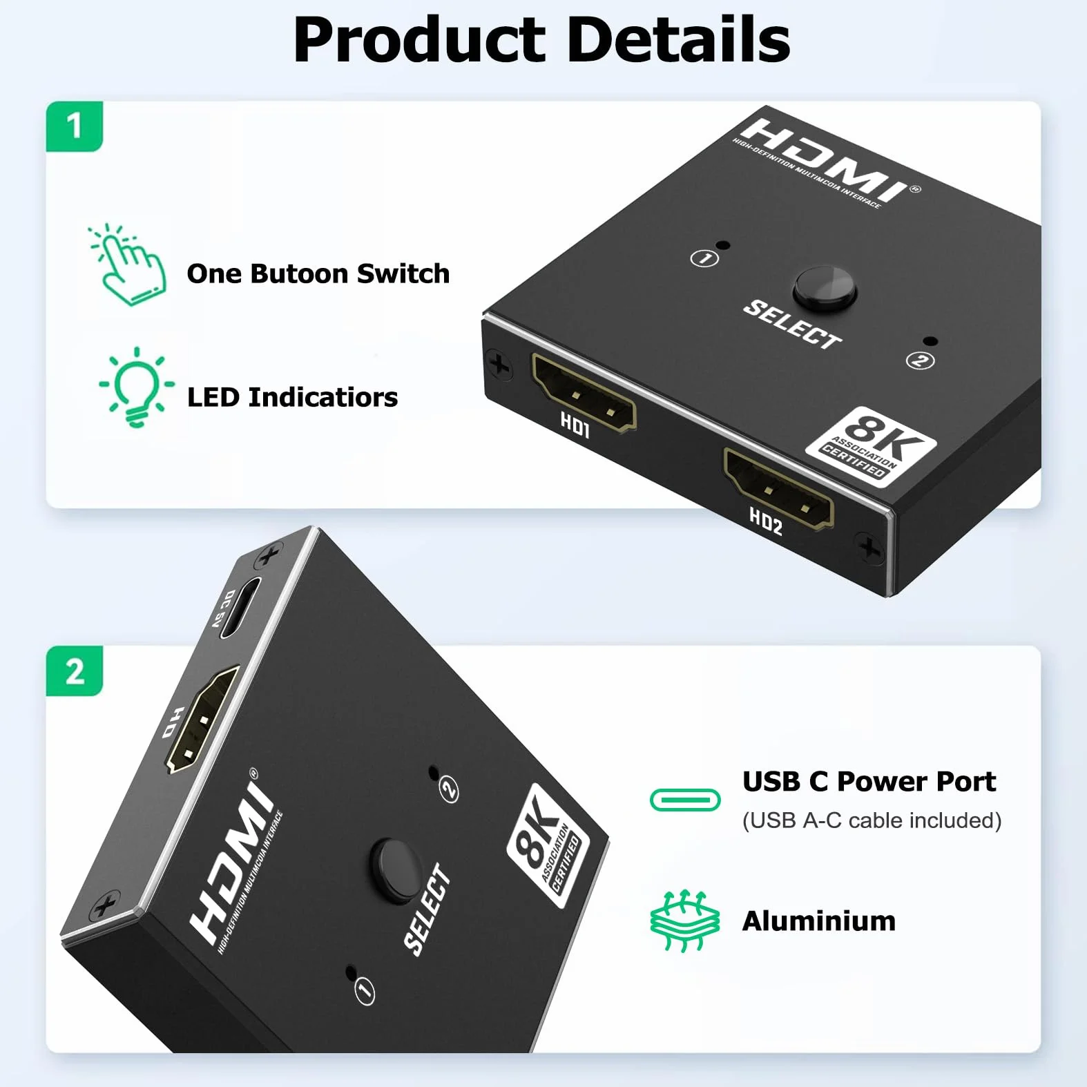 Switch HDMI 2.1 Splitter 8K@60Hz 4K@120Hz, Alluminio Bidirezionale HDMI Switch 2 in 1 Out/1 in 2 Out, Hdmi 2.1 Switcher Distributore supporta 48Gbps 3D HDCP 2.3 per PS5/4 Fire Stick/Xbox/HDTV