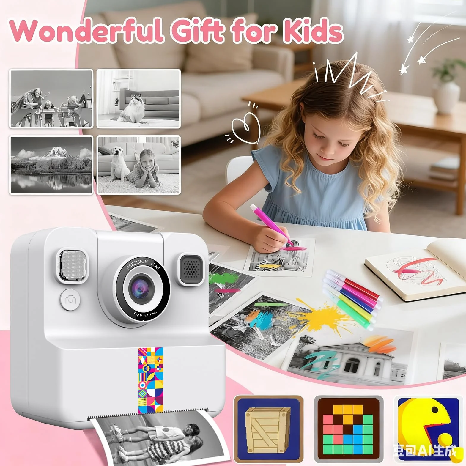 Macchina Fotografica Bambini Istantanea,2.4 Pollici 48MP Fotocamera Digitale con 32GB Scheda & Papier Photo,Regalo di Natale per Bambini dai 3-12 Anni