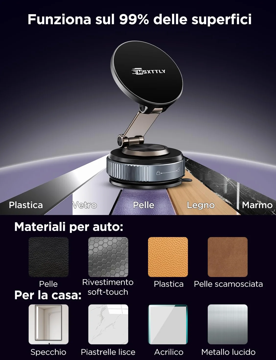 MSXTTLY Supporto Telefono Auto, Vmag-S2 2026 Supporto Magnetico a Vuoto, Forte Aspirazione, Rotazione 360°, Compatibile con iPhone 17-12 Pro MAX e Android Nero